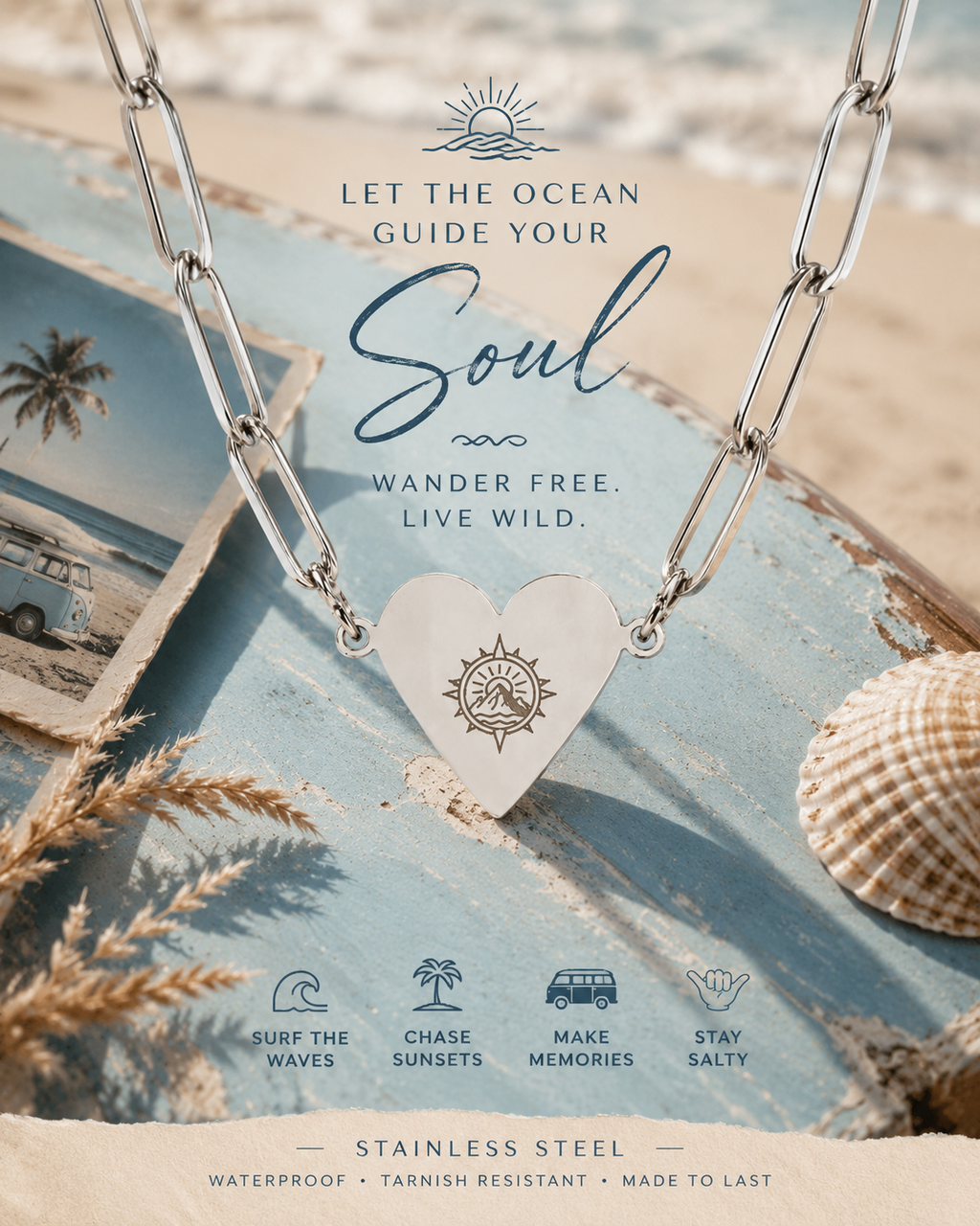 Wander Without Fear Paperclip Heart Necklace – Wanderlust Gift, Travel Lover Necklace, Ocean Inspired Jewellery, Adventure Heart Pendant, Gold, Rose Gold & Silver