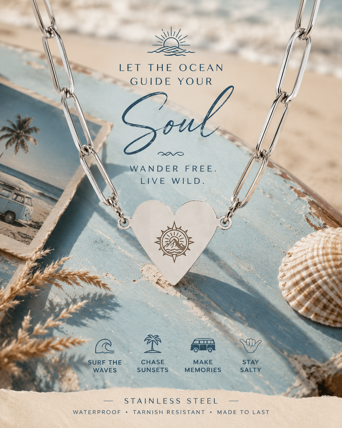 Wander Without Fear Paperclip Heart Necklace – Wanderlust Gift, Travel Lover Necklace, Ocean Inspired Jewellery, Adventure Heart Pendant, Gold, Rose Gold & Silver