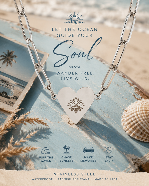 Wander Without Fear Paperclip Heart Necklace – Wanderlust Gift, Travel Lover Necklace, Ocean Inspired Jewellery, Adventure Heart Pendant, Gold, Rose Gold & Silver