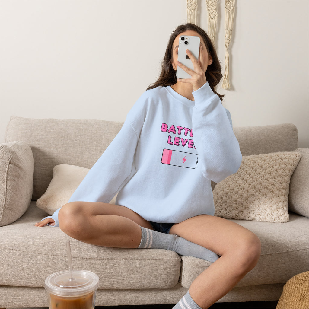 Battery Level Crewneck Sweatshirt — Cute Pink Low Battery Graphic