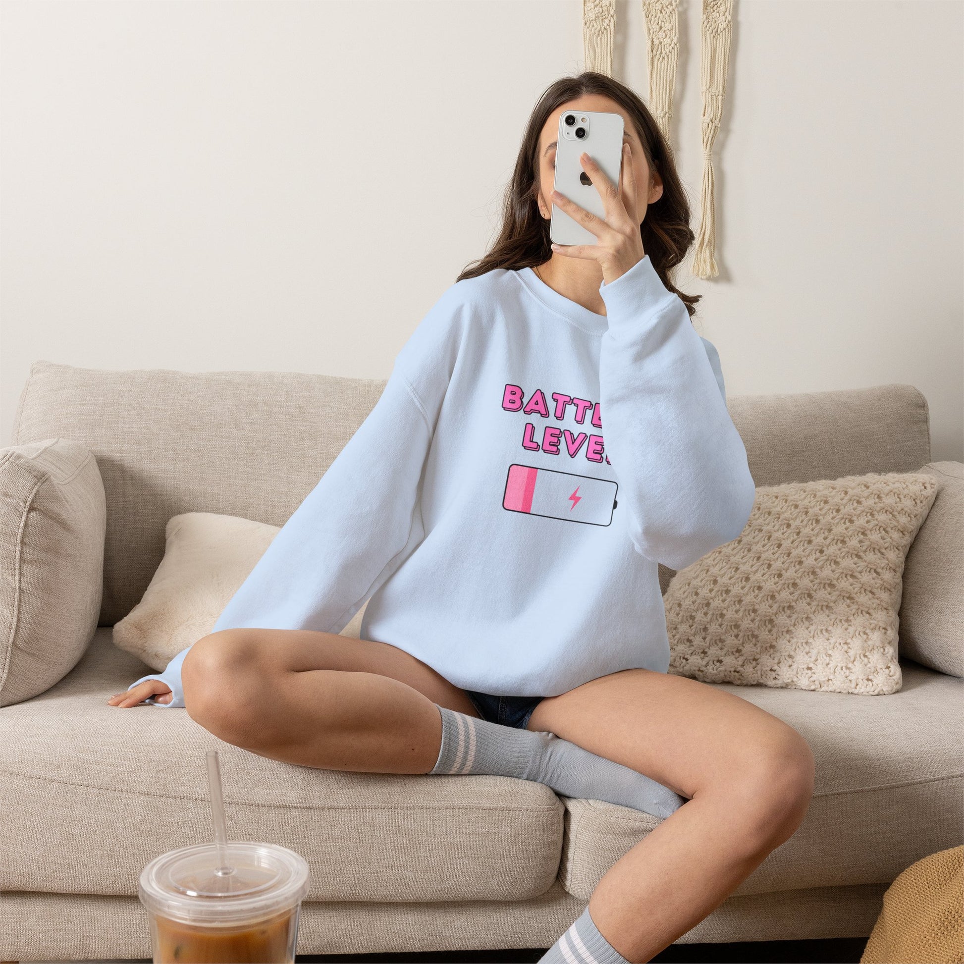Battery Level Crewneck Sweatshirt — Cute Pink Low Battery Graphic