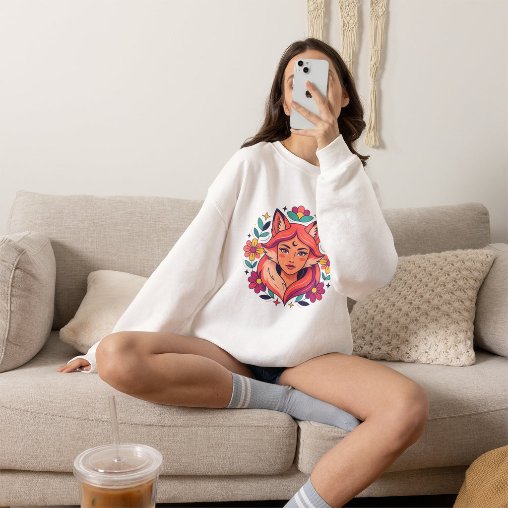 Fox Spirit Crewneck Sweatshirt — Floral Fox Woman Illustration