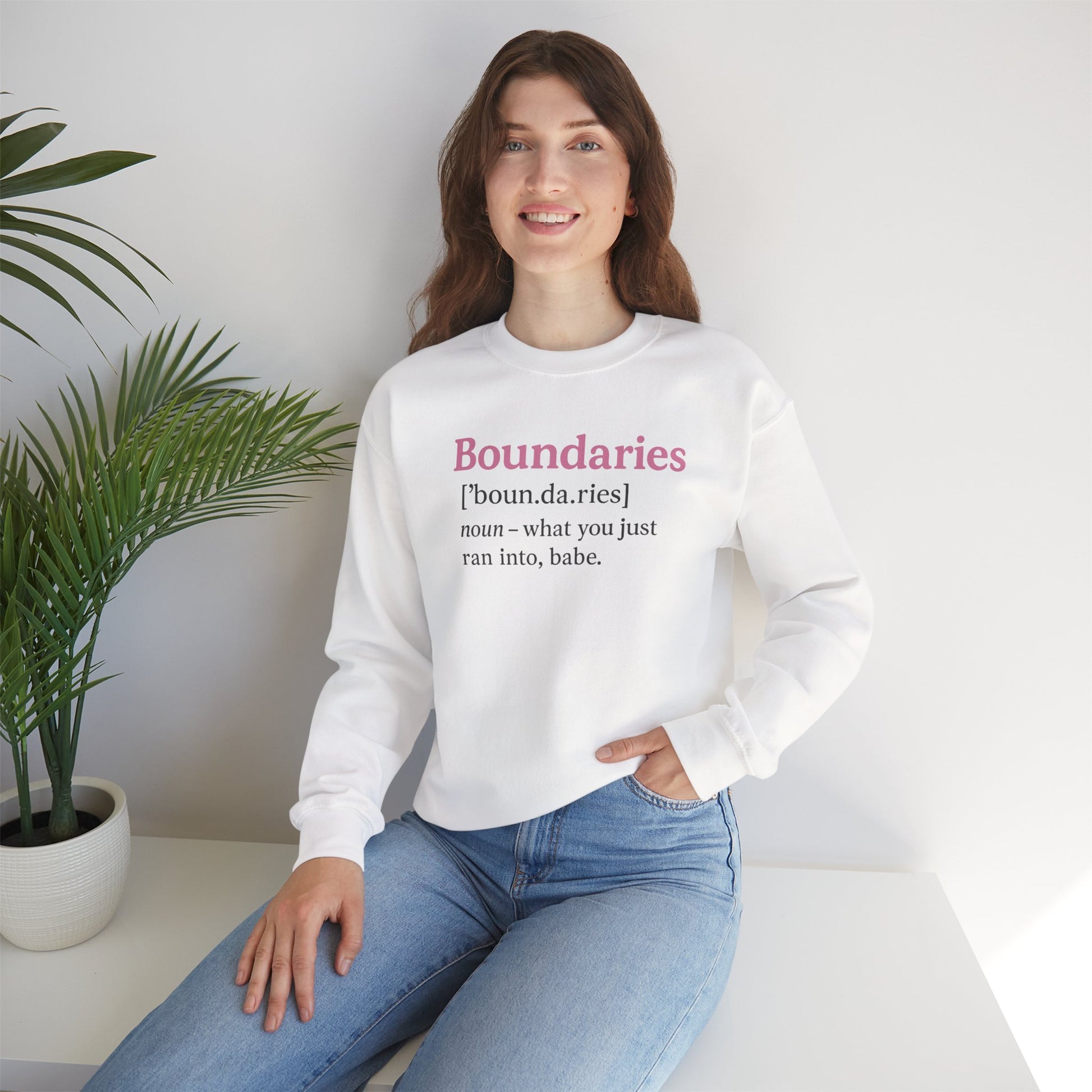 Boundaries Definition Sweatshirt — "Boundaries ... what you just ran into, babe." Soft Crewneck