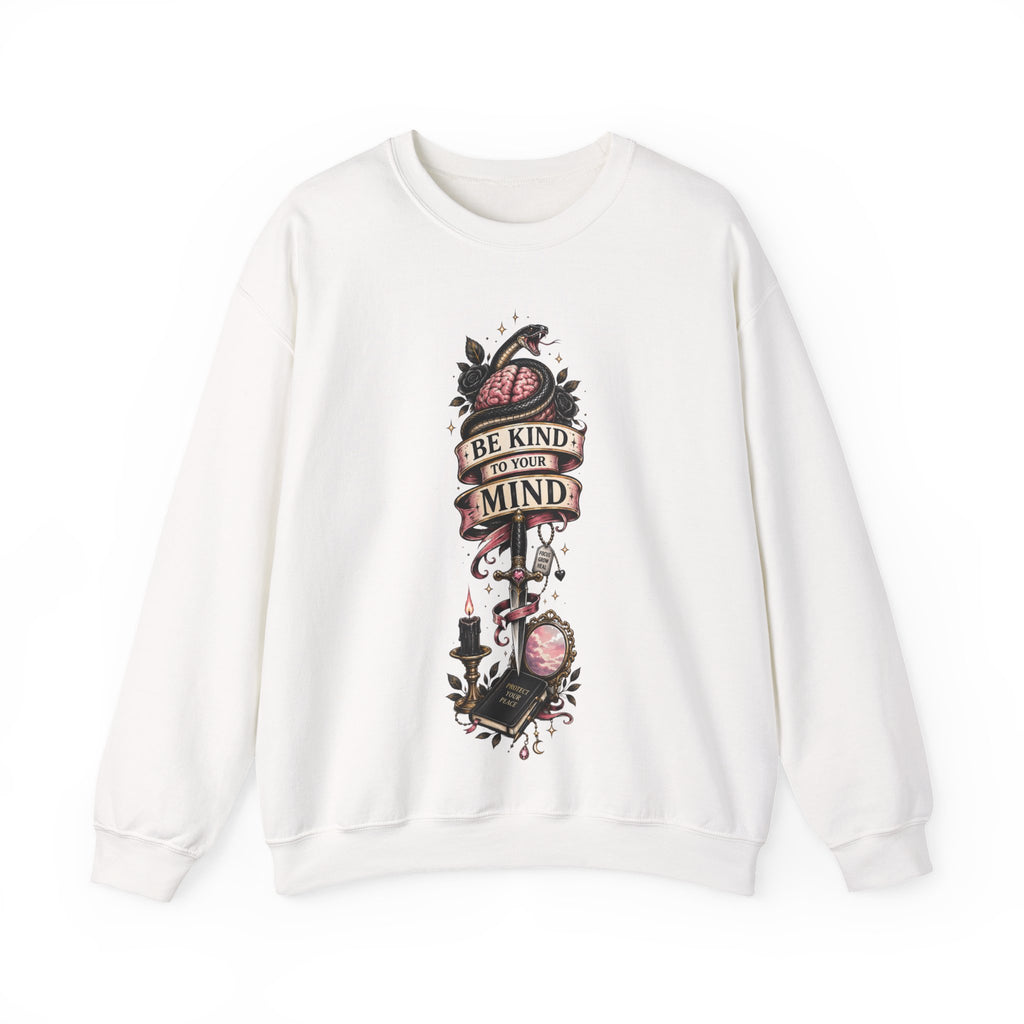 "Be Kind to Your Mind" Floral Tattoo Mental Health Design Crewneck Sweatshirt