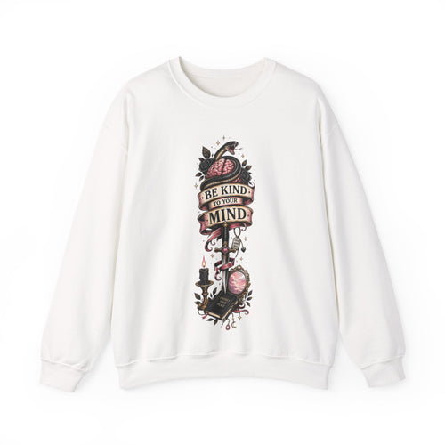"Be Kind to Your Mind" Floral Tattoo Mental Health Design Crewneck Sweatshirt