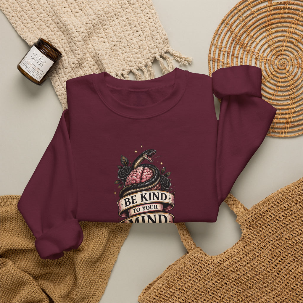 "Be Kind to Your Mind" Floral Tattoo Mental Health Design Crewneck Sweatshirt