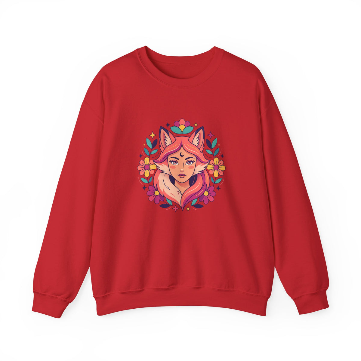 Fox Spirit Crewneck Sweatshirt — Floral Fox Woman Illustration