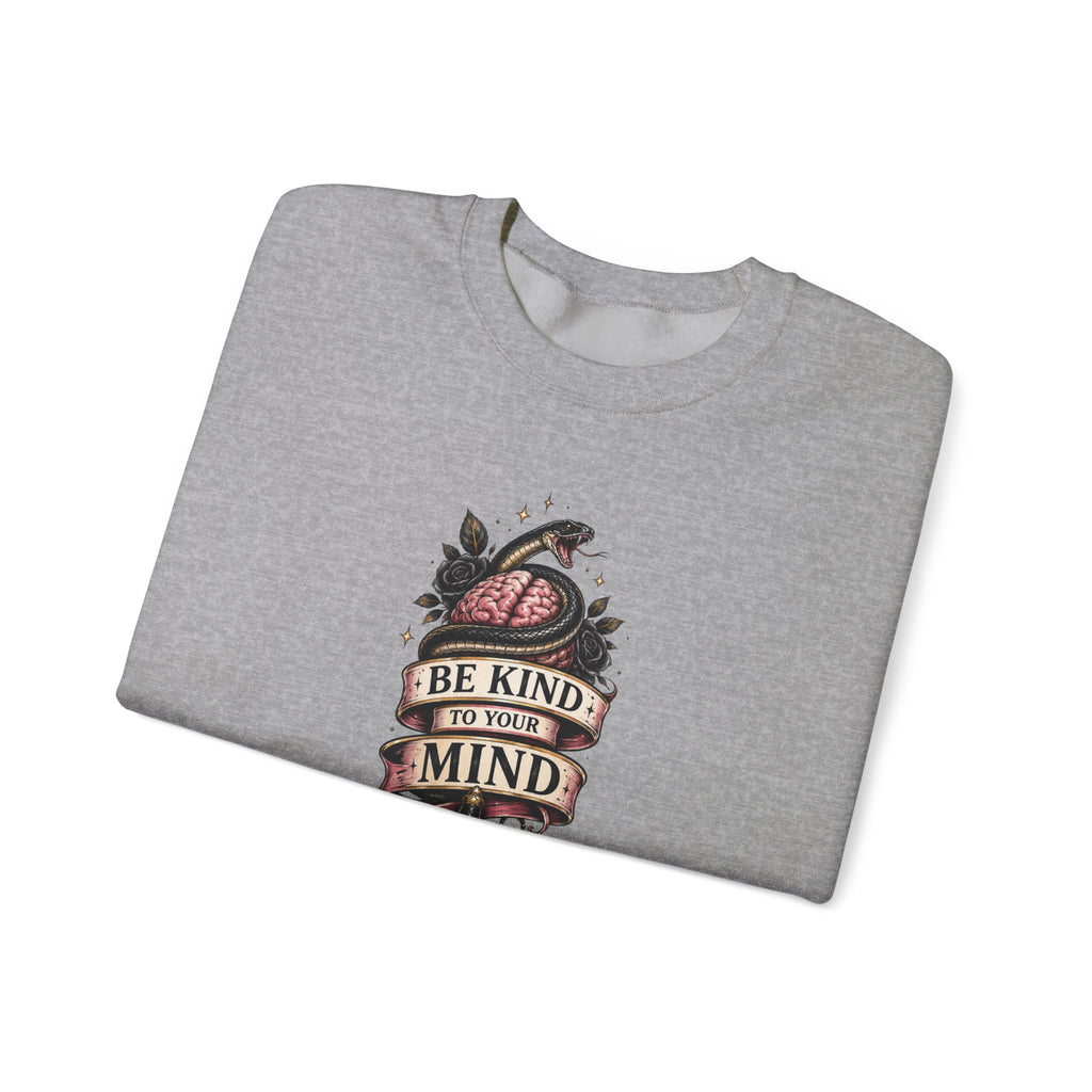 "Be Kind to Your Mind" Floral Tattoo Mental Health Design Crewneck Sweatshirt
