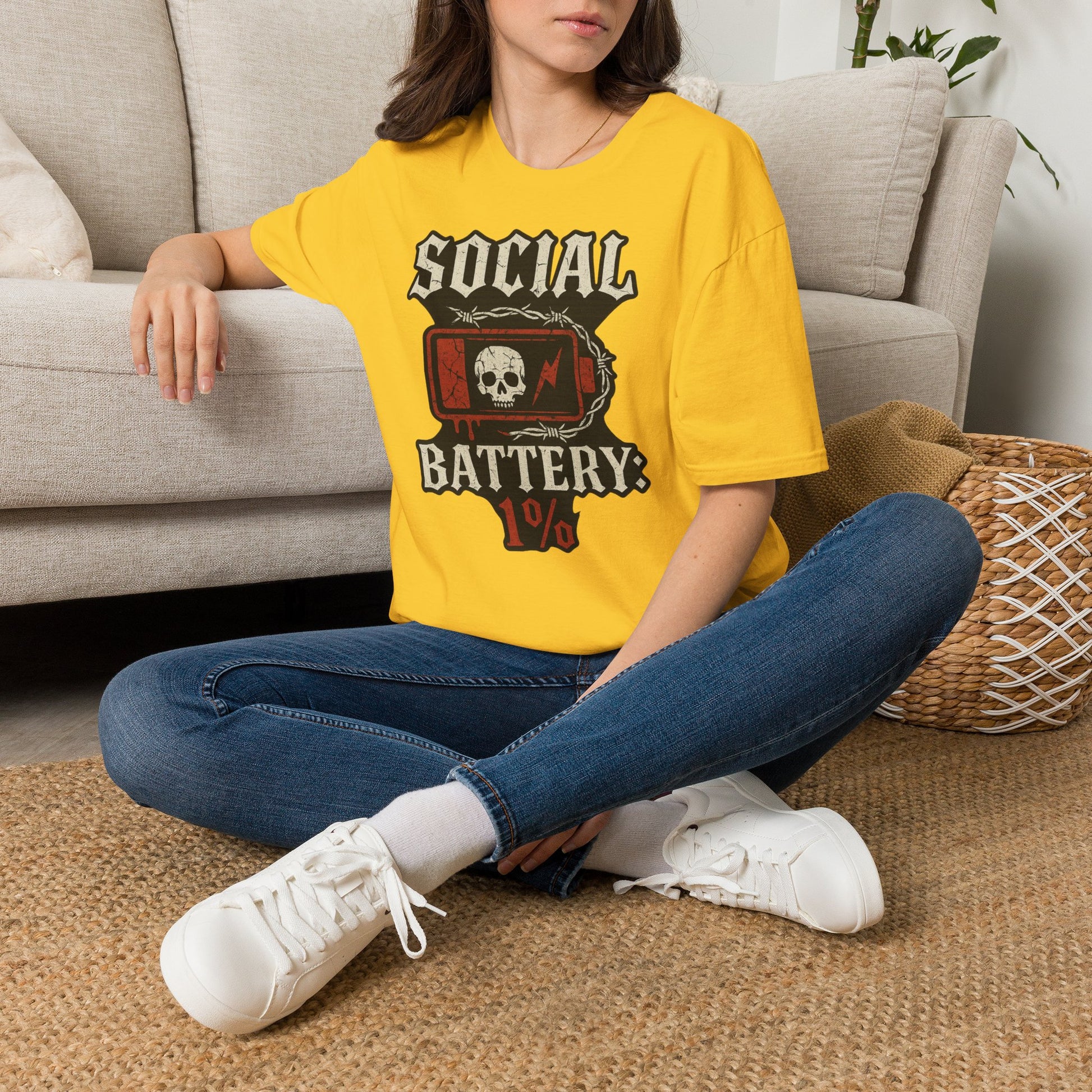 Social Battery Unisex T‑Shirt — Skull Low Battery Graphic Tee