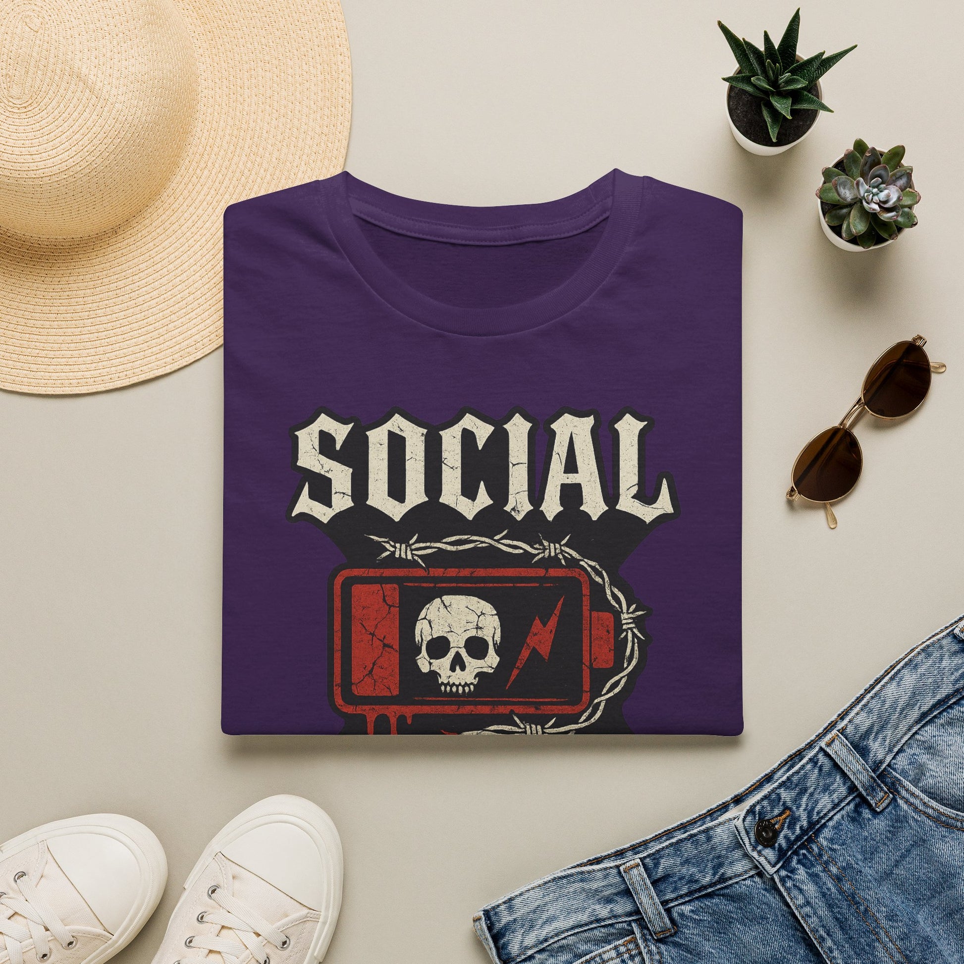 Social Battery Unisex T‑Shirt — Skull Low Battery Graphic Tee
