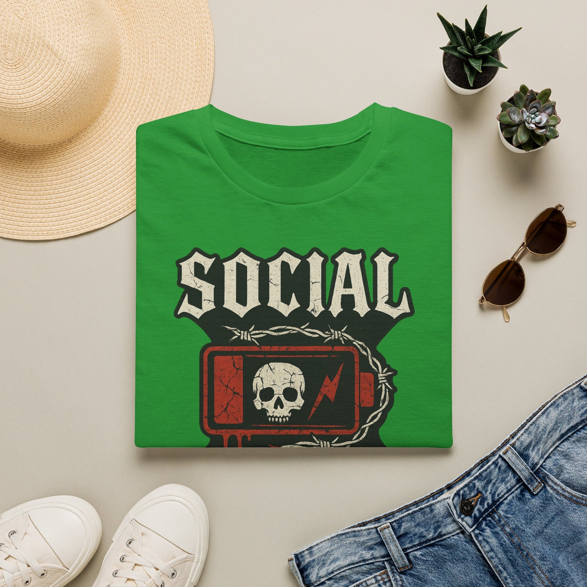 Social Battery Unisex T‑Shirt — Skull Low Battery Graphic Tee