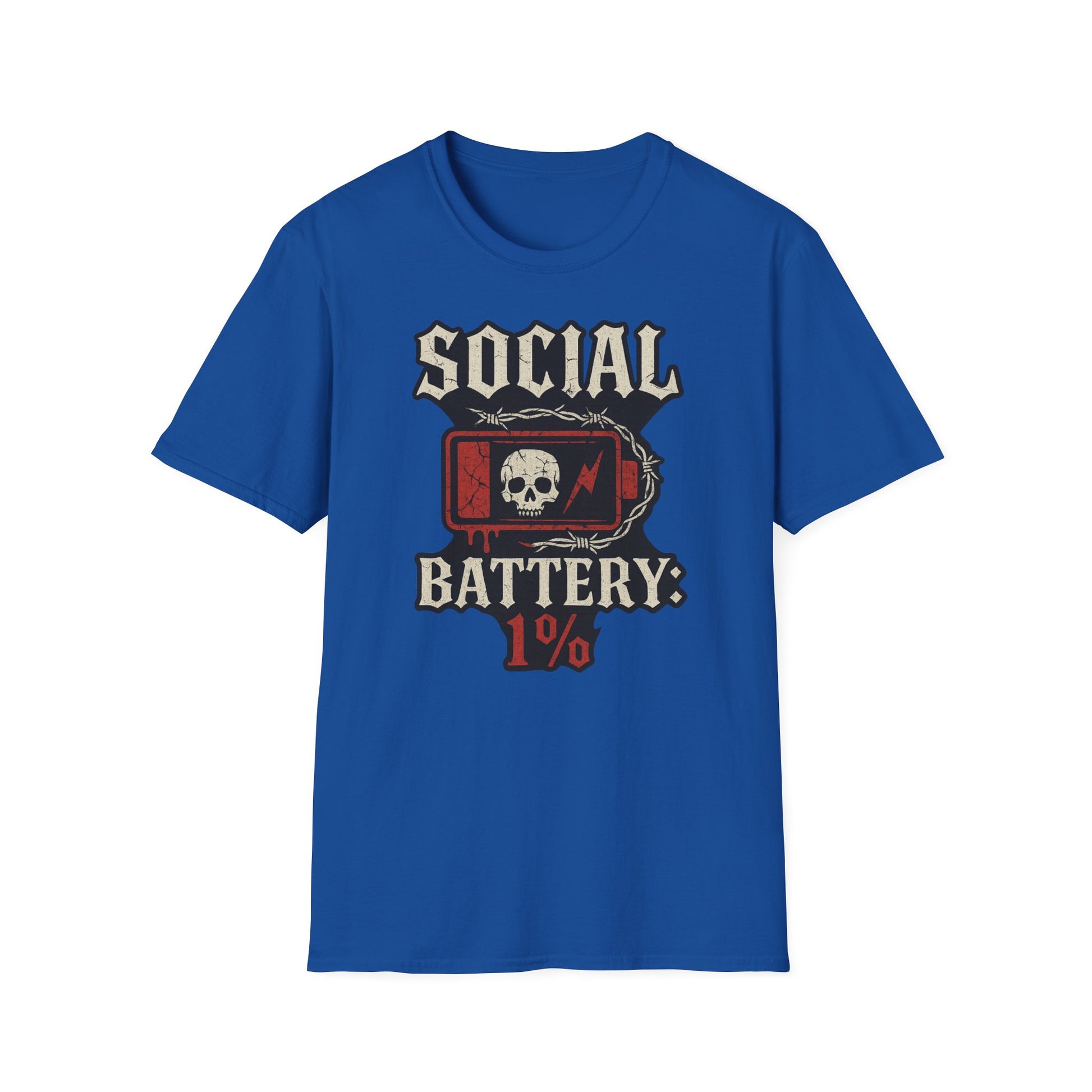 Social Battery Unisex T‑Shirt — Skull Low Battery Graphic Tee