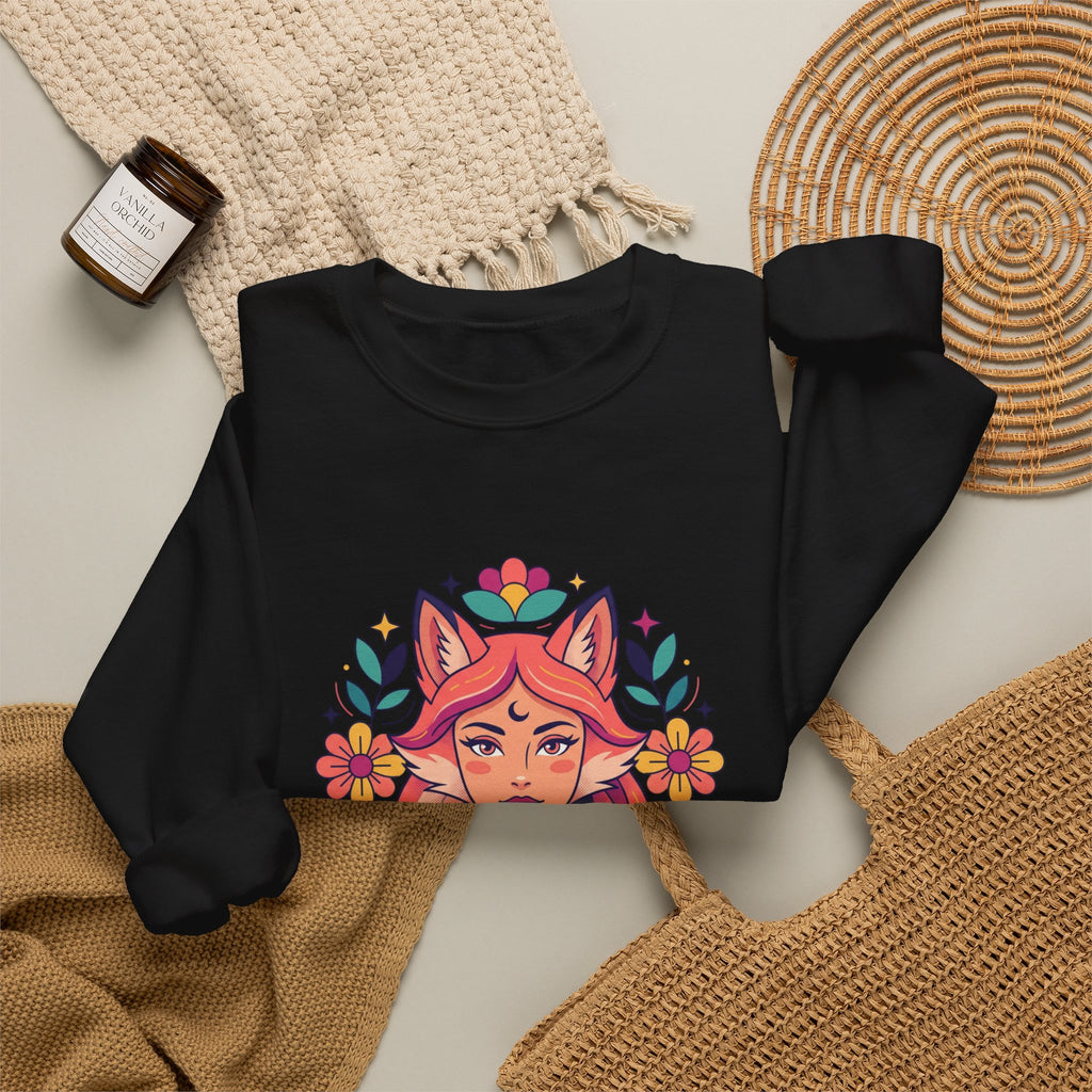 Fox Spirit Crewneck Sweatshirt — Floral Fox Woman Illustration