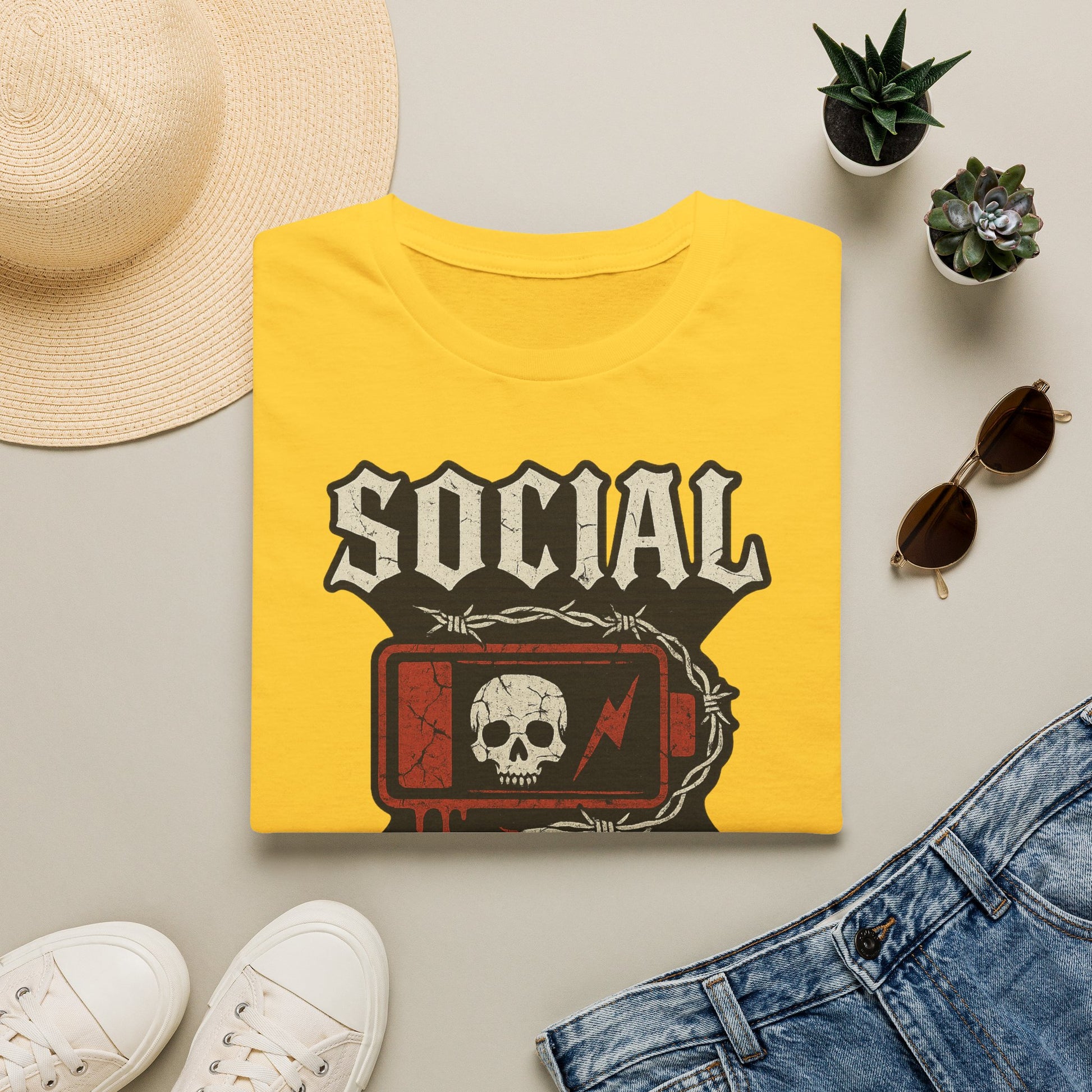 Social Battery Unisex T‑Shirt — Skull Low Battery Graphic Tee