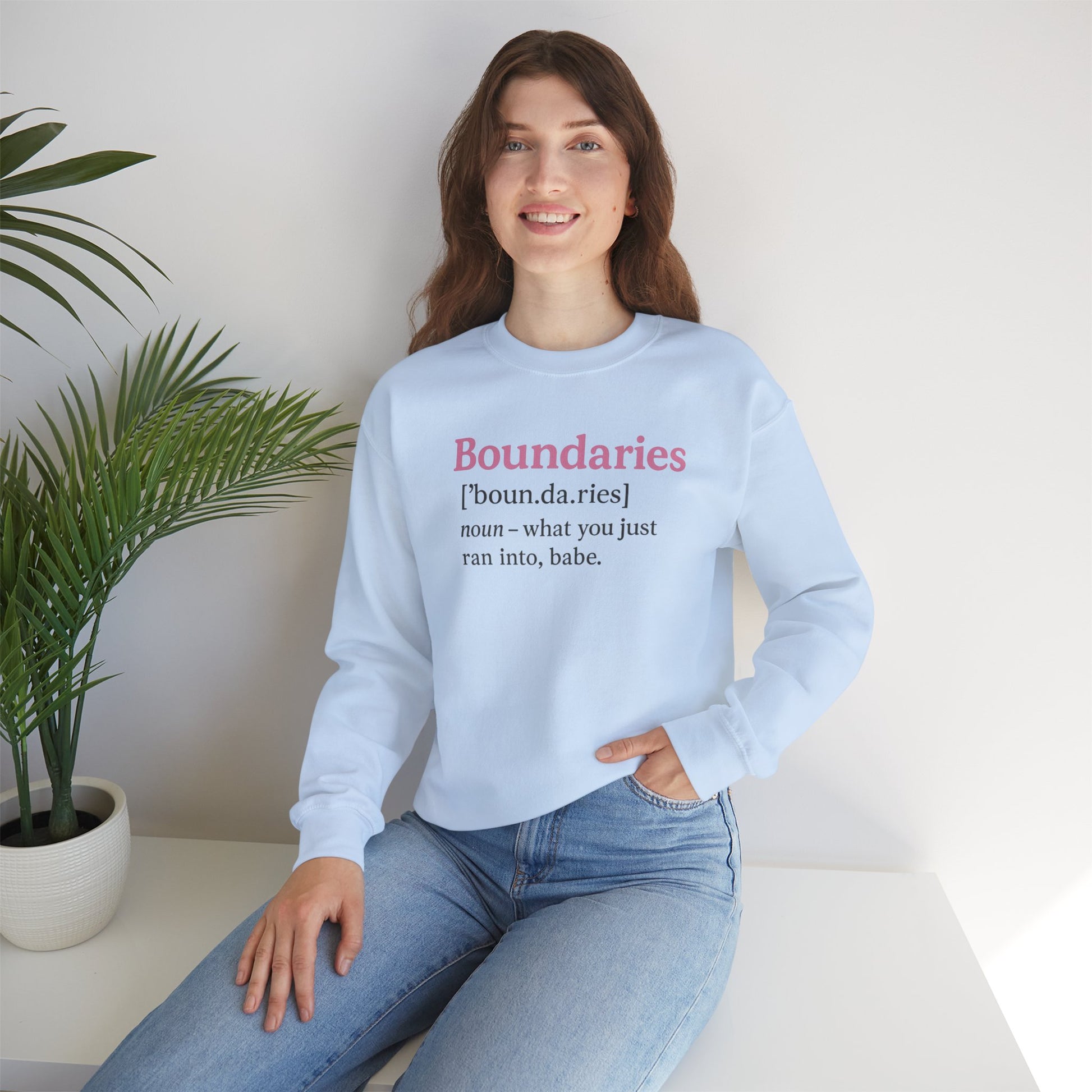 Boundaries Definition Sweatshirt — "Boundaries ... what you just ran into, babe." Soft Crewneck