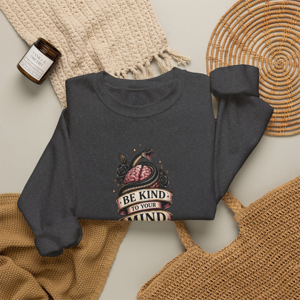 "Be Kind to Your Mind" Floral Tattoo Mental Health Design Crewneck Sweatshirt