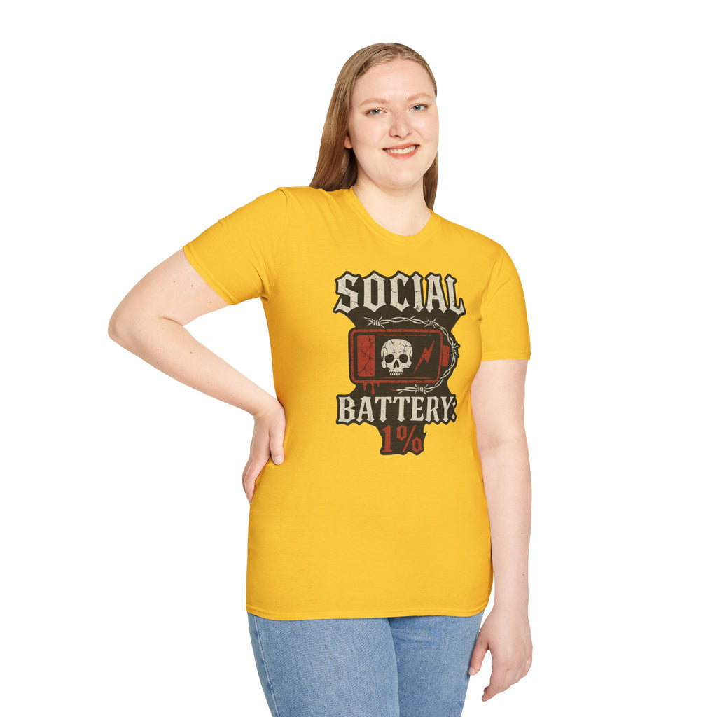 Social Battery Unisex T‑Shirt — Skull Low Battery Graphic Tee