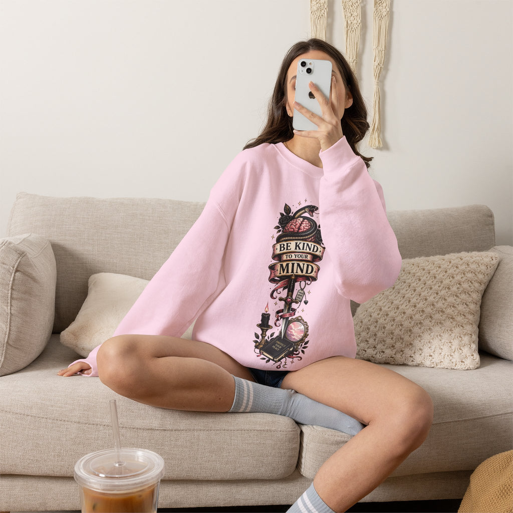 "Be Kind to Your Mind" Floral Tattoo Mental Health Design Crewneck Sweatshirt