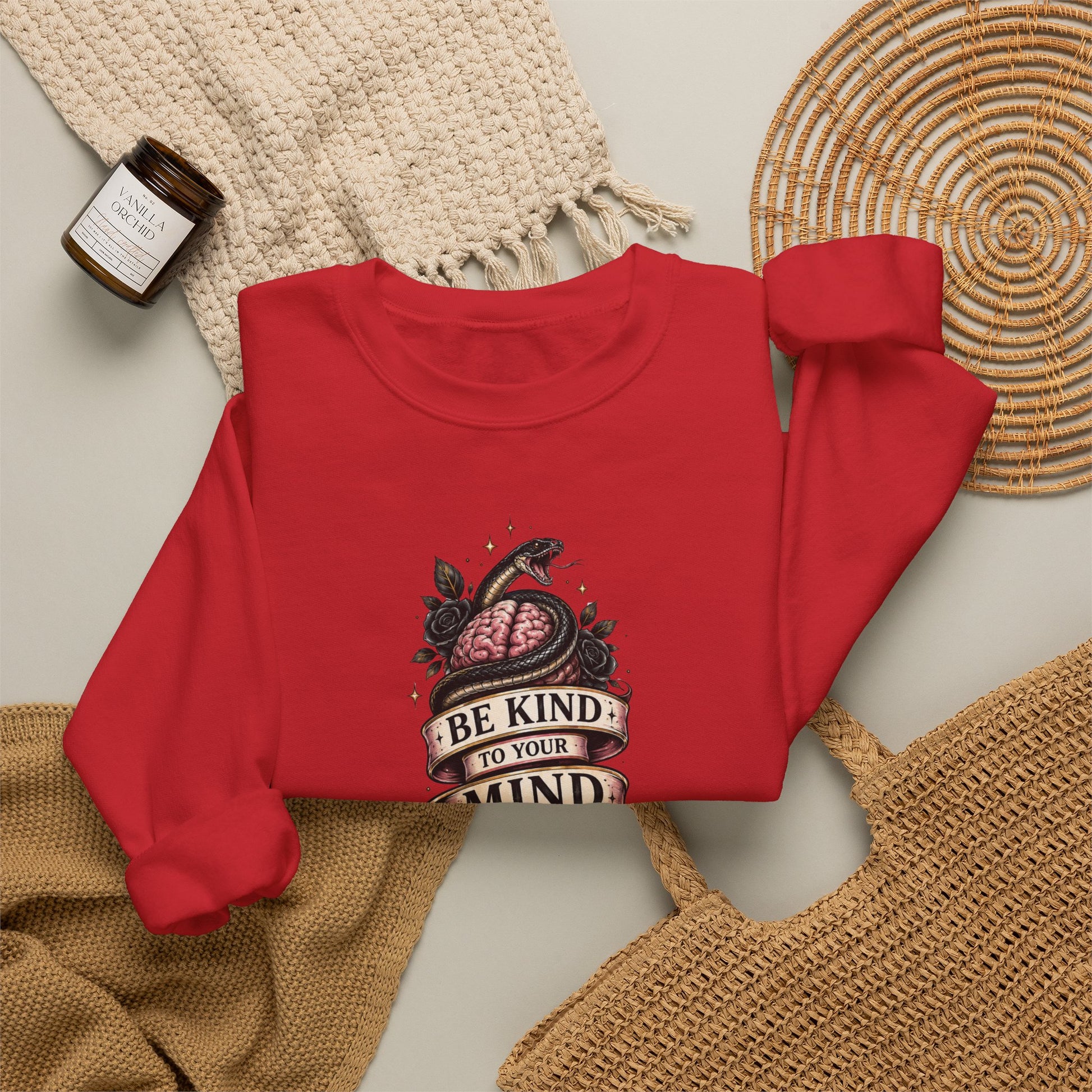 "Be Kind to Your Mind" Floral Tattoo Mental Health Design Crewneck Sweatshirt
