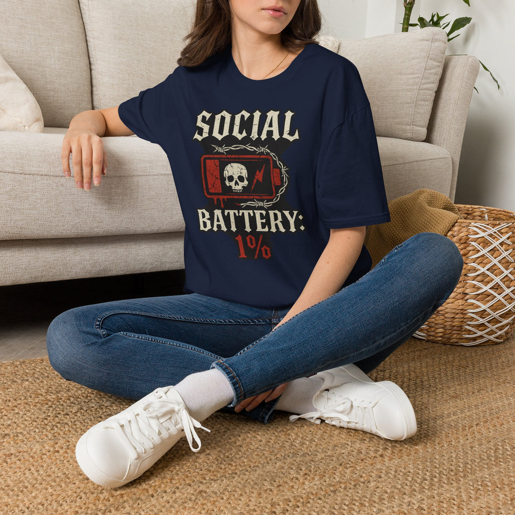 Social Battery Unisex T‑Shirt — Skull Low Battery Graphic Tee