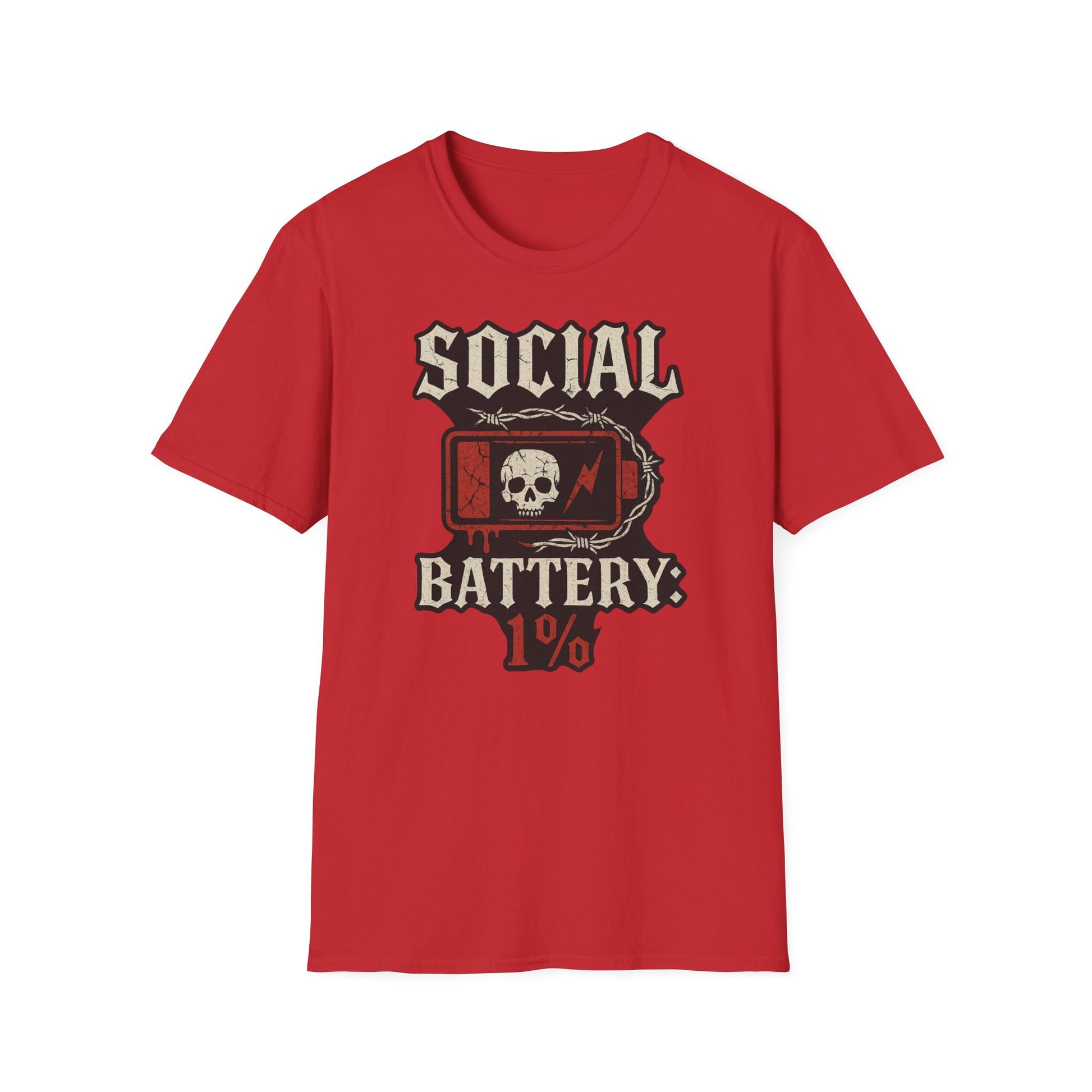 Social Battery Unisex T‑Shirt — Skull Low Battery Graphic Tee