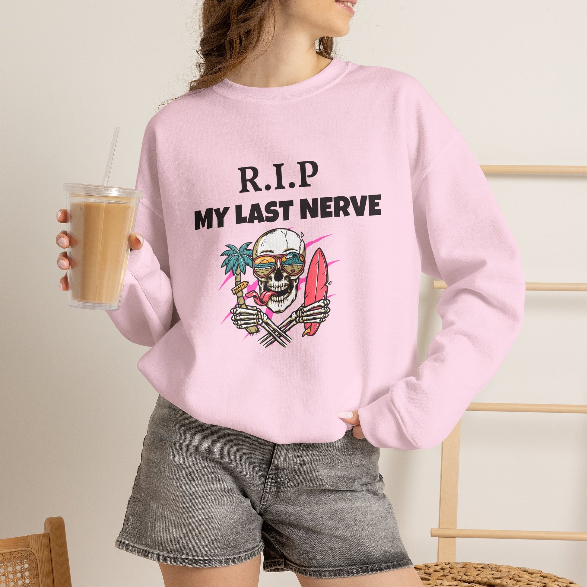 Sweatshirt — "R.I.P My Last Nerve" Skull Surf Graphic Crewneck