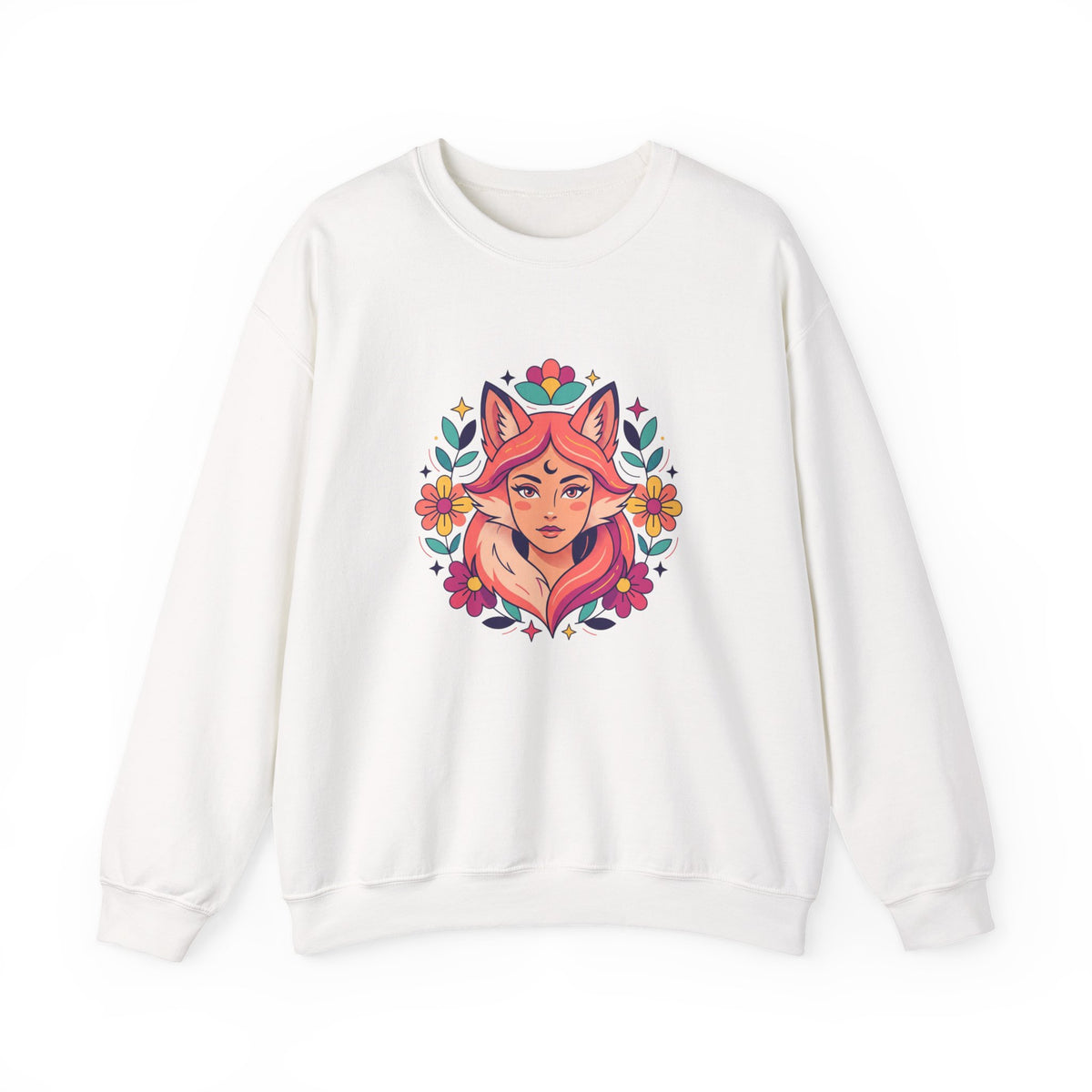 Fox Spirit Crewneck Sweatshirt — Floral Fox Woman Illustration