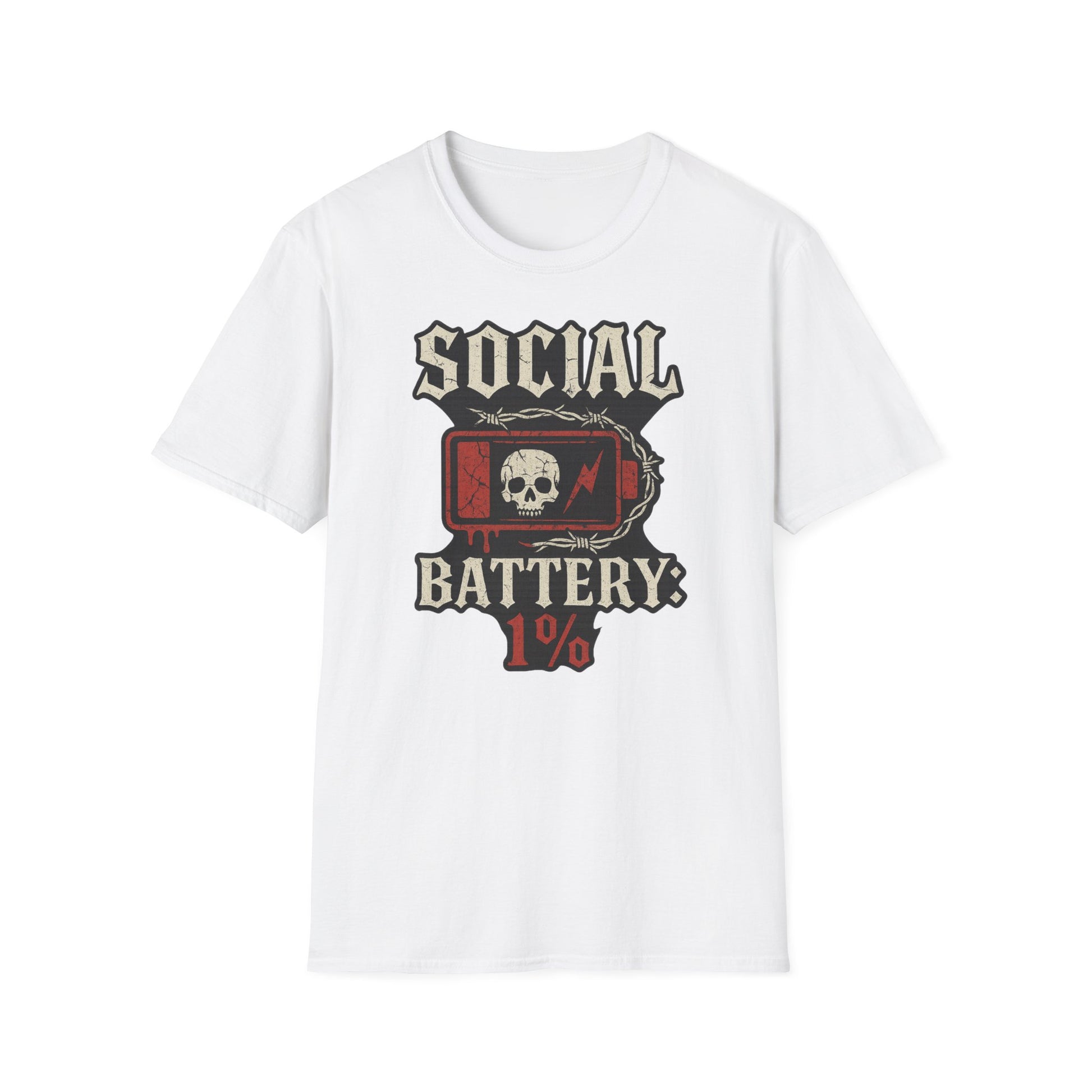 Social Battery Unisex T‑Shirt — Skull Low Battery Graphic Tee