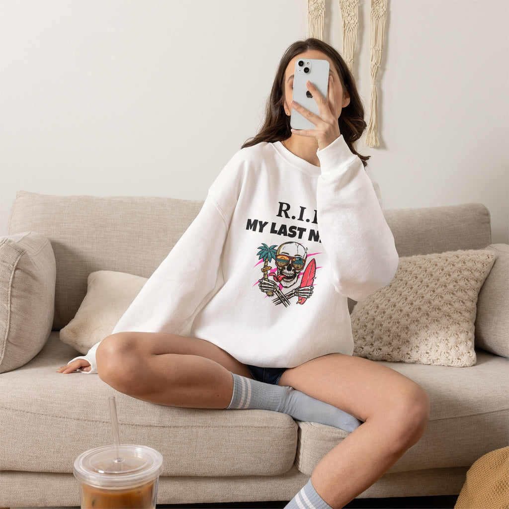 Sweatshirt — "R.I.P My Last Nerve" Skull Surf Graphic Crewneck