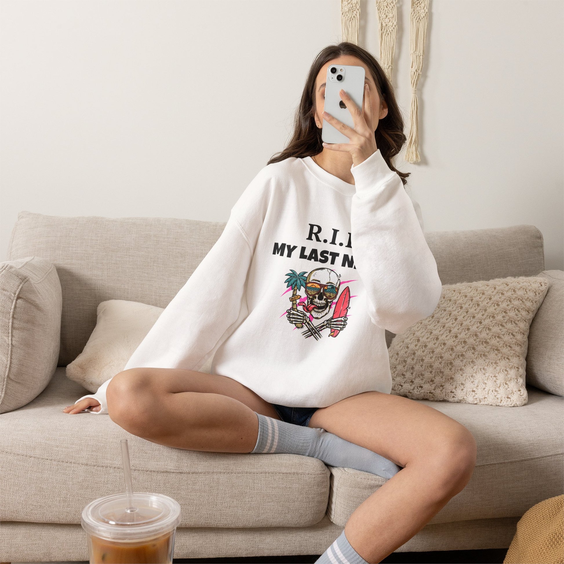 Sweatshirt — "R.I.P My Last Nerve" Skull Surf Graphic Crewneck