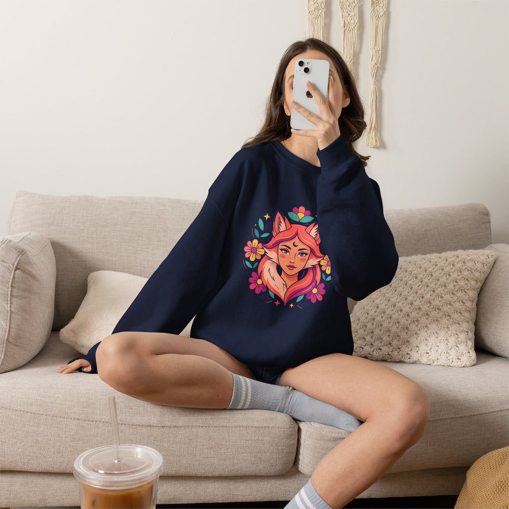 Fox Spirit Crewneck Sweatshirt — Floral Fox Woman Illustration