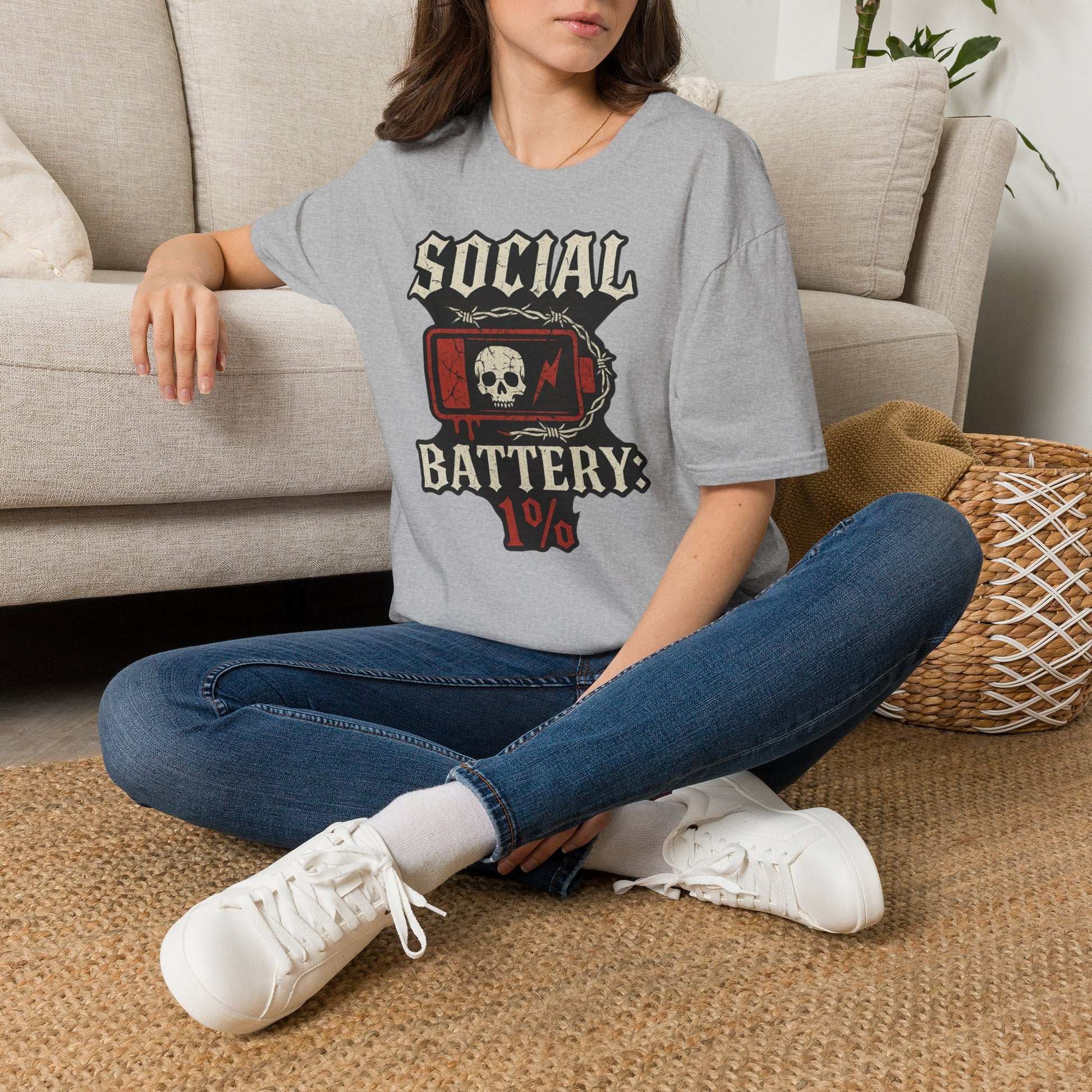 Social Battery Unisex T‑Shirt — Skull Low Battery Graphic Tee
