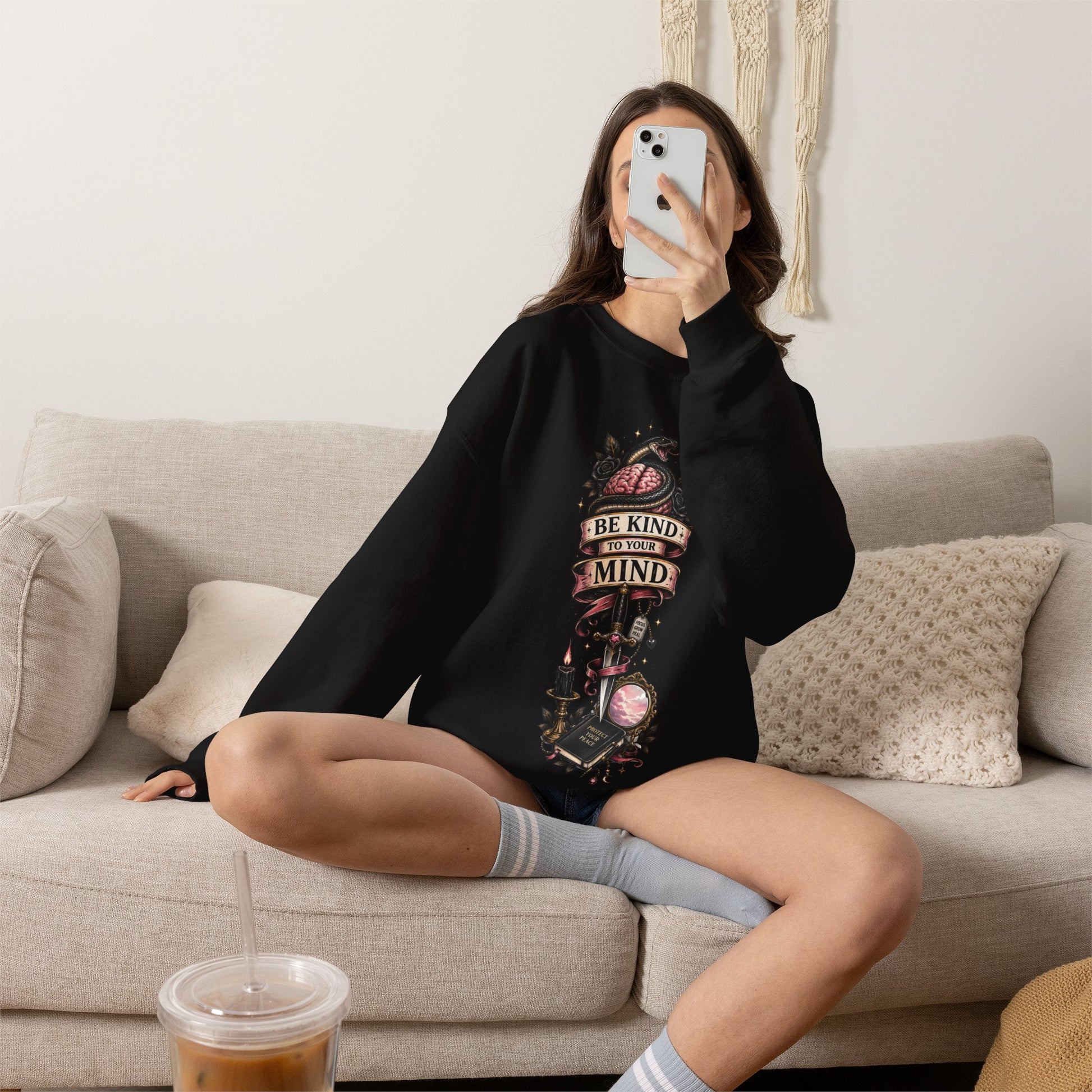 "Be Kind to Your Mind" Floral Tattoo Mental Health Design Crewneck Sweatshirt