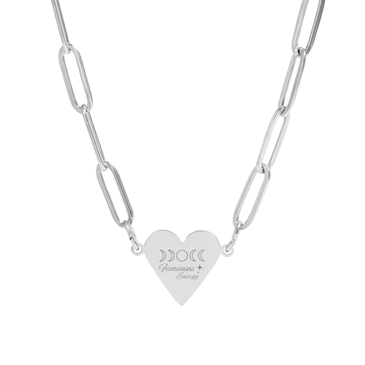 Feminine Energy Paperclip Heart Necklace – Moon Phase Necklace, Celestial Jewellery, Spiritual Gift, Divine Feminine Pendant, Gold, Rose Gold & Silver