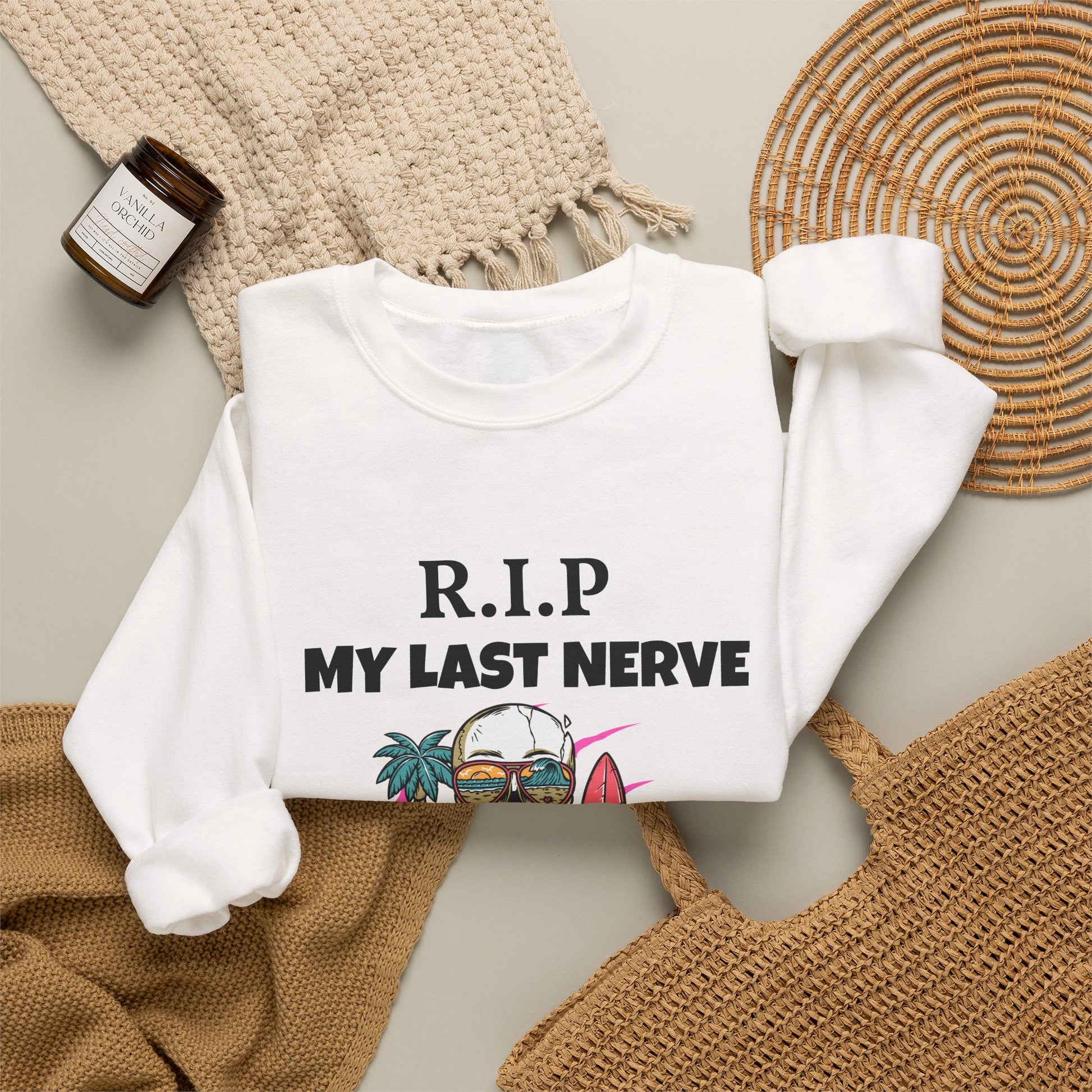 Sweatshirt — "R.I.P My Last Nerve" Skull Surf Graphic Crewneck