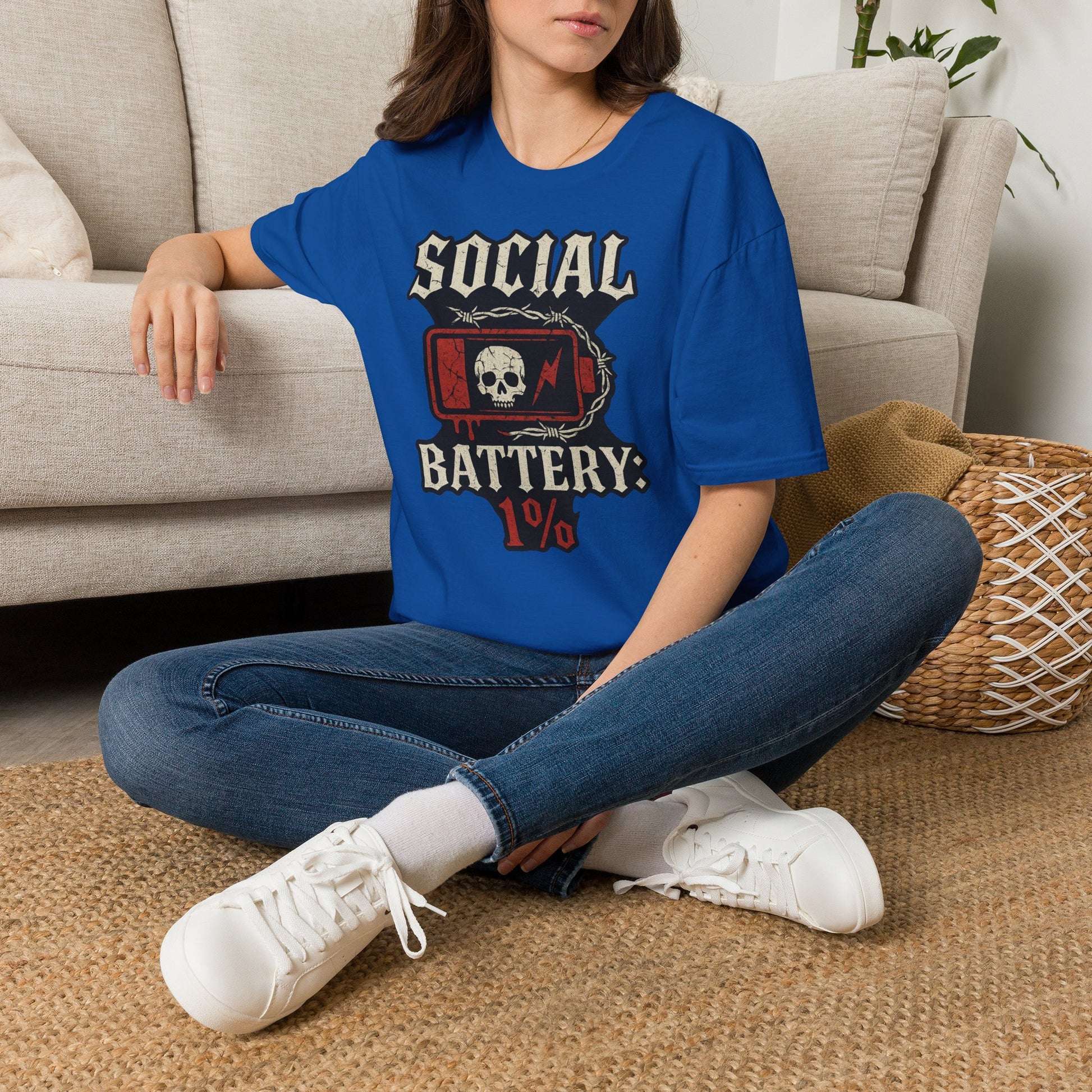 Social Battery Unisex T‑Shirt — Skull Low Battery Graphic Tee