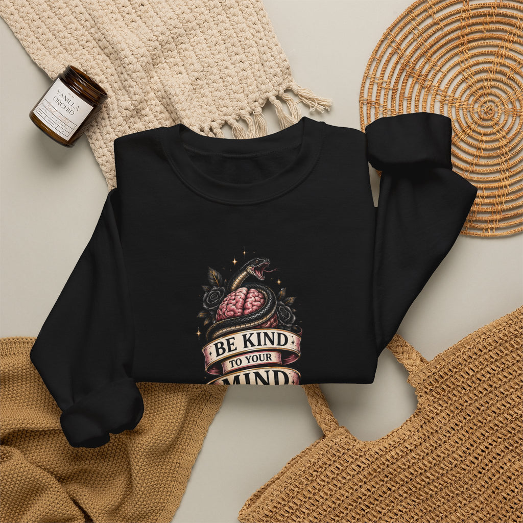 "Be Kind to Your Mind" Floral Tattoo Mental Health Design Crewneck Sweatshirt