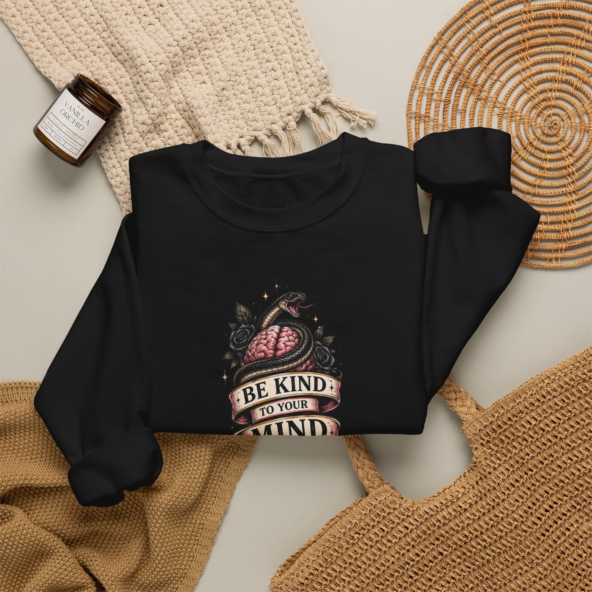 "Be Kind to Your Mind" Floral Tattoo Mental Health Design Crewneck Sweatshirt