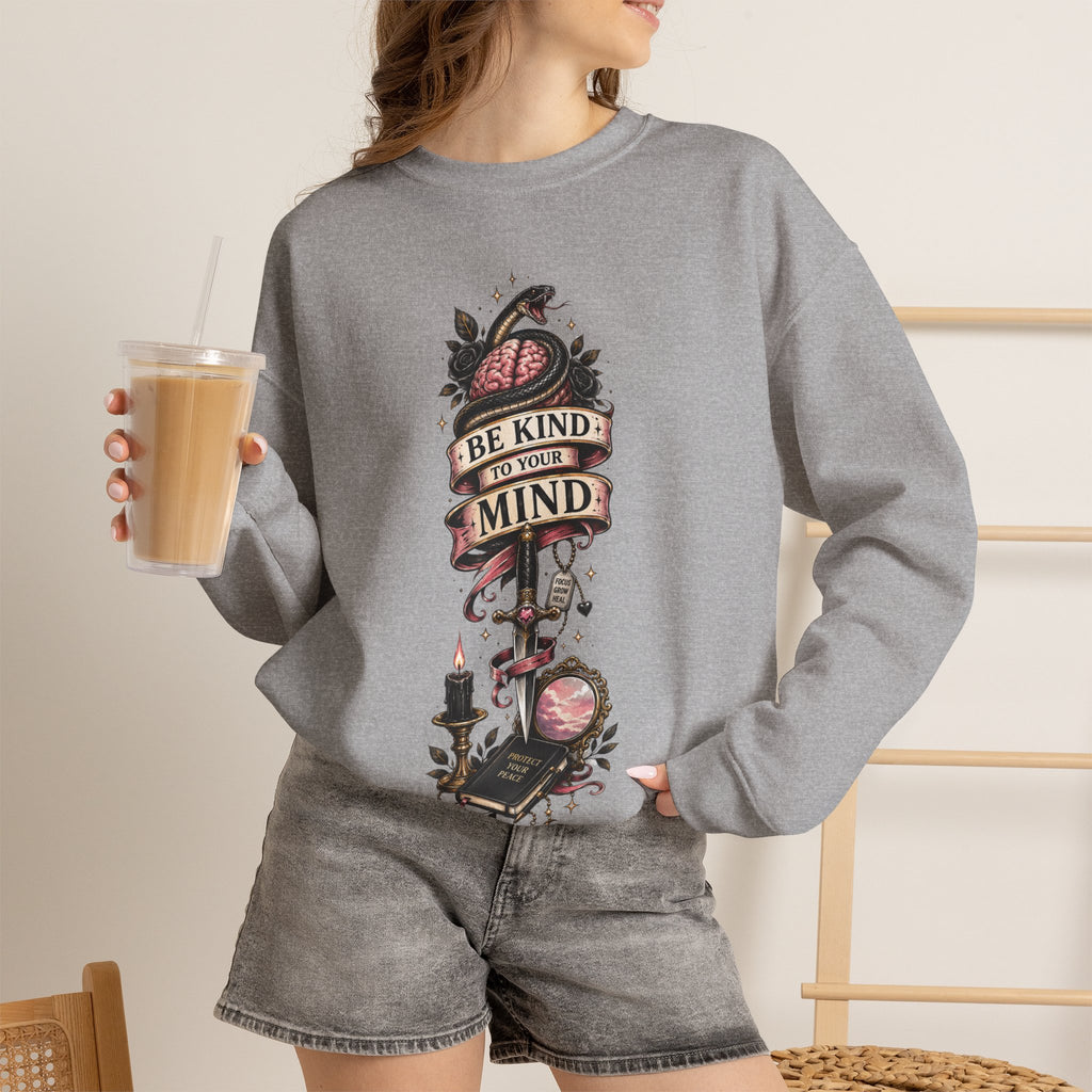 "Be Kind to Your Mind" Floral Tattoo Mental Health Design Crewneck Sweatshirt