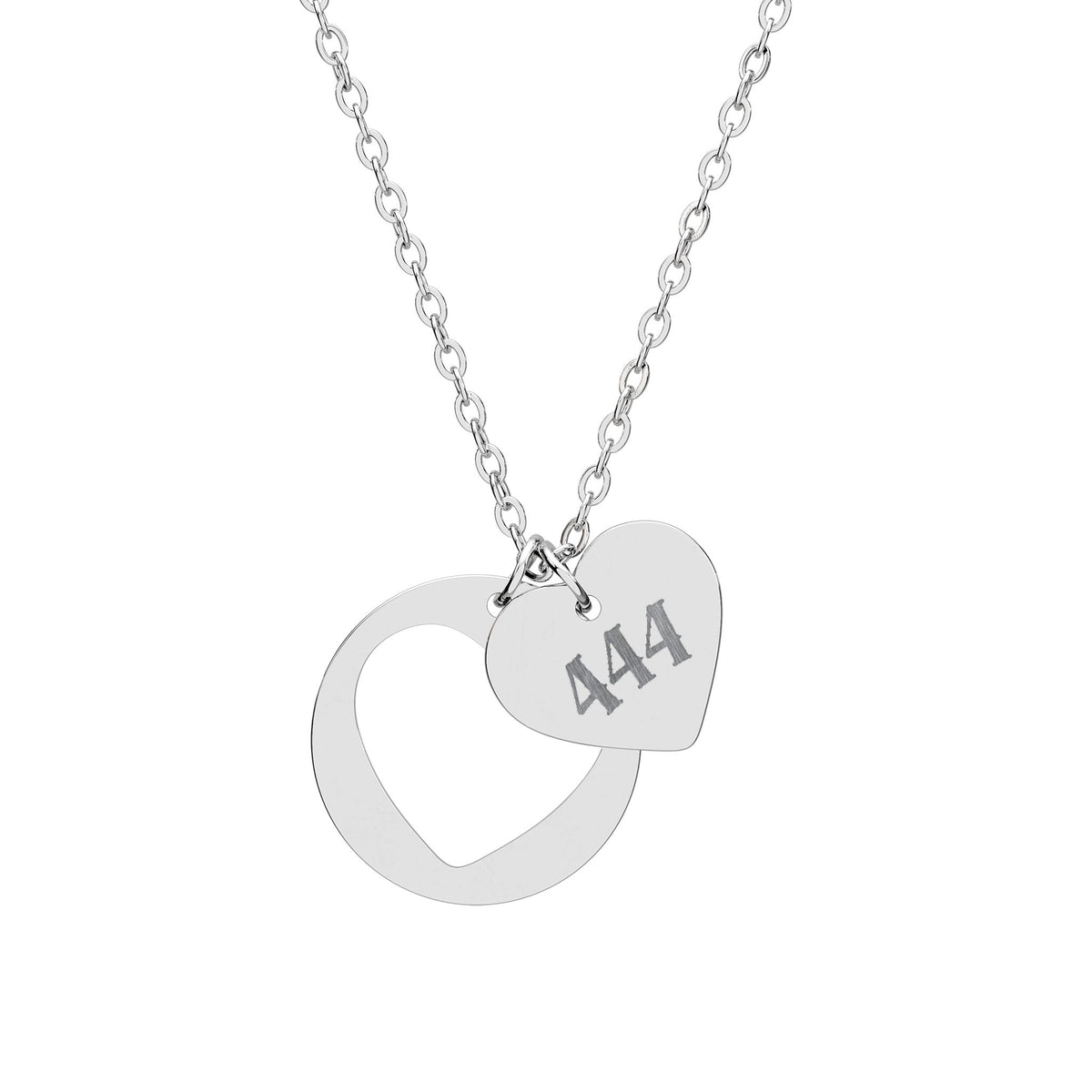 444 Angel Number Protection Necklace – Engraved Heart Cutout Pendant in Silver Stainless Steel, Rose Gold & Gold