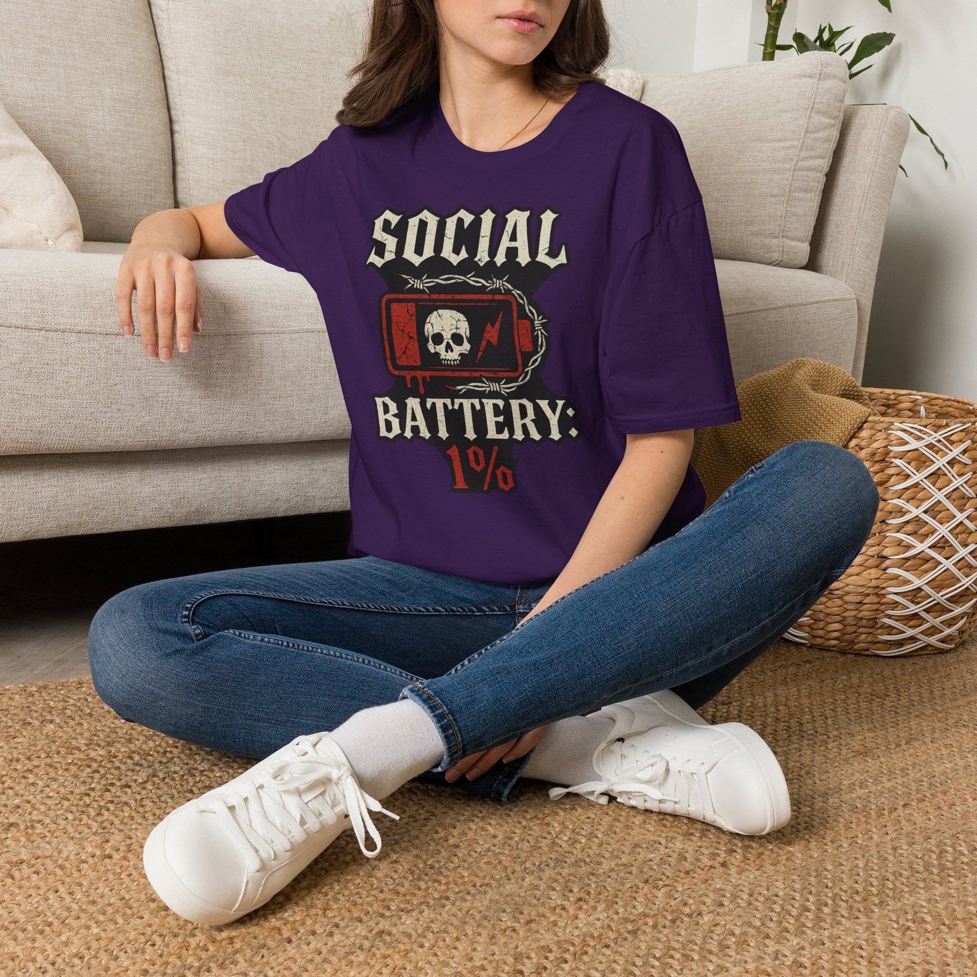 Social Battery Unisex T‑Shirt — Skull Low Battery Graphic Tee