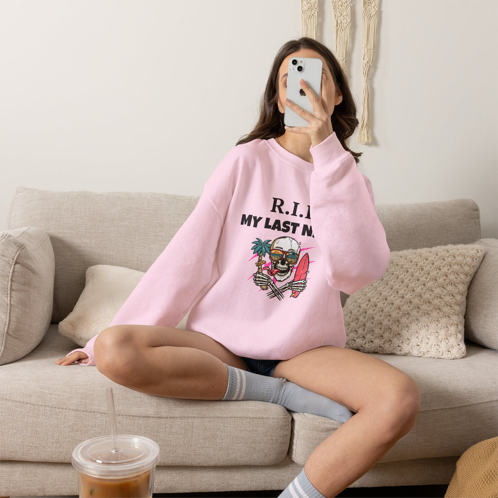 Sweatshirt — "R.I.P My Last Nerve" Skull Surf Graphic Crewneck