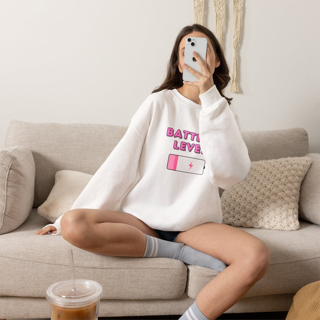 Battery Level Crewneck Sweatshirt — Cute Pink Low Battery Graphic