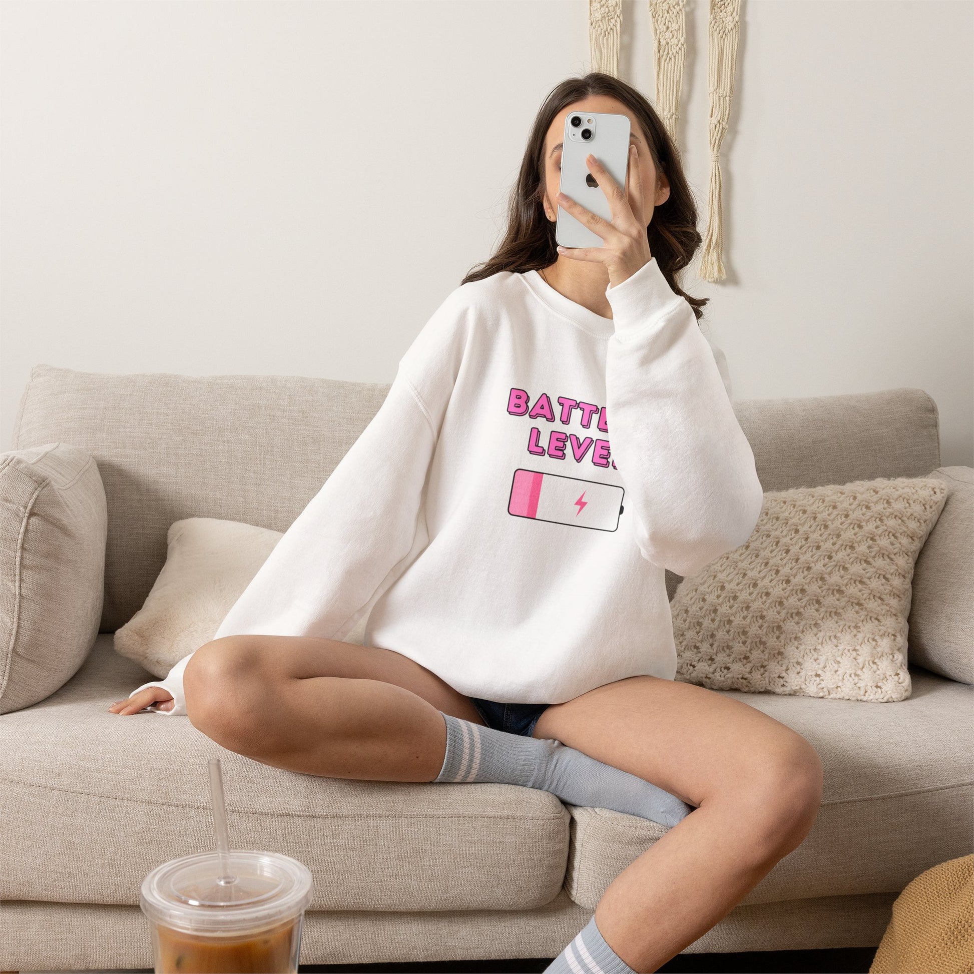 Battery Level Crewneck Sweatshirt — Cute Pink Low Battery Graphic