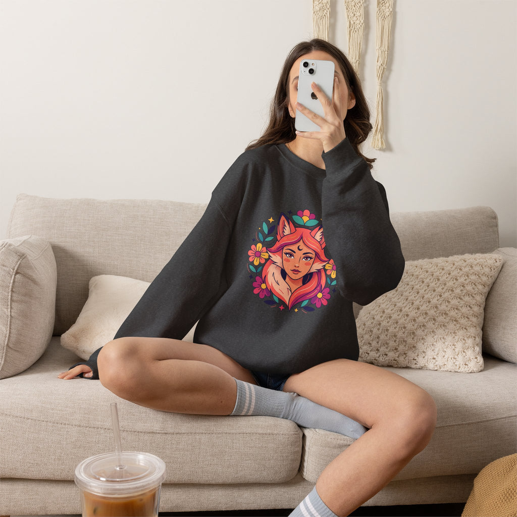 Fox Spirit Crewneck Sweatshirt — Floral Fox Woman Illustration