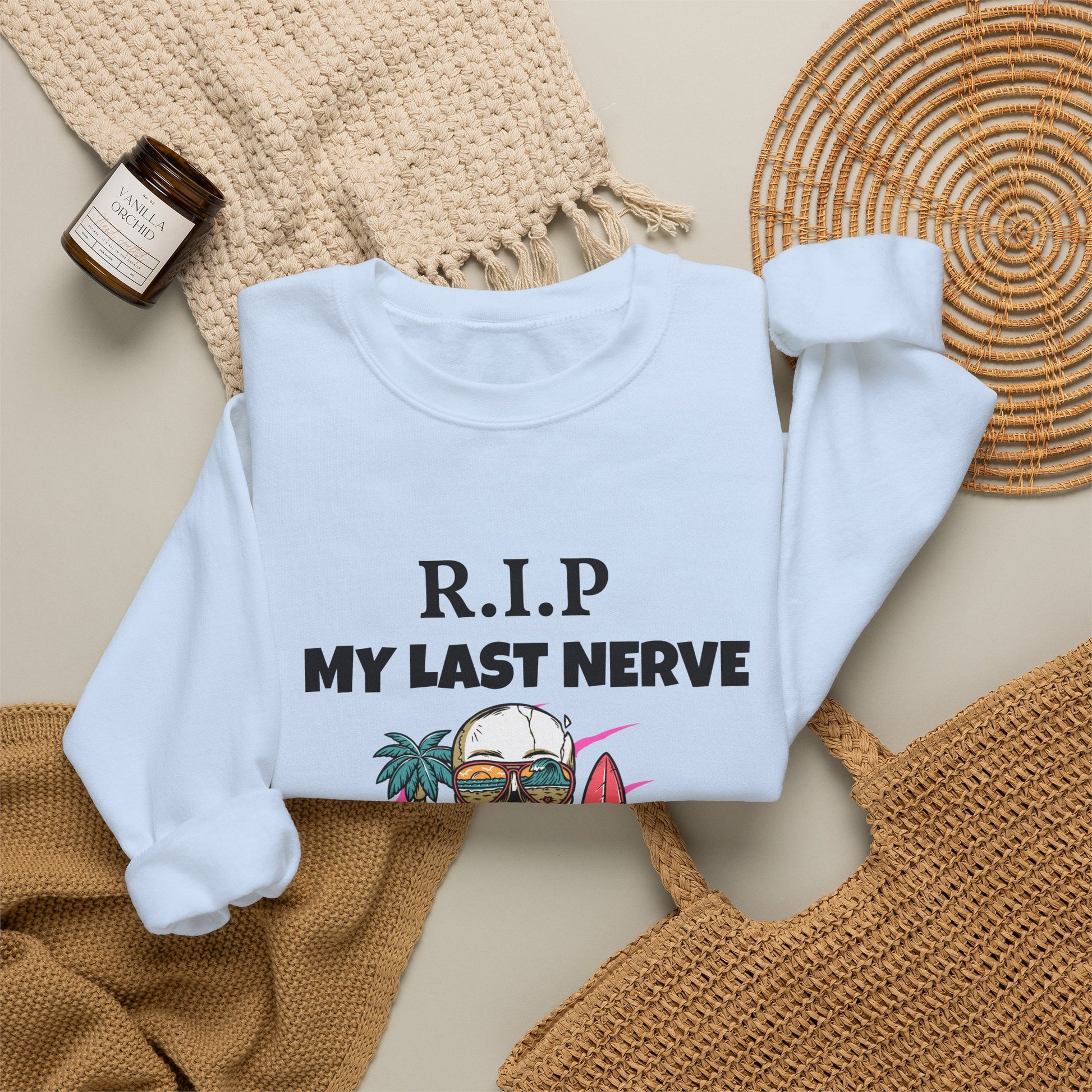 Sweatshirt — "R.I.P My Last Nerve" Skull Surf Graphic Crewneck