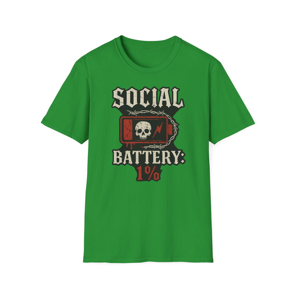 Social Battery Unisex T‑Shirt — Skull Low Battery Graphic Tee
