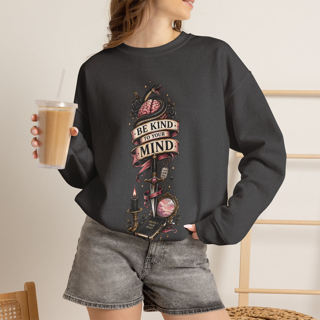 "Be Kind to Your Mind" Floral Tattoo Mental Health Design Crewneck Sweatshirt