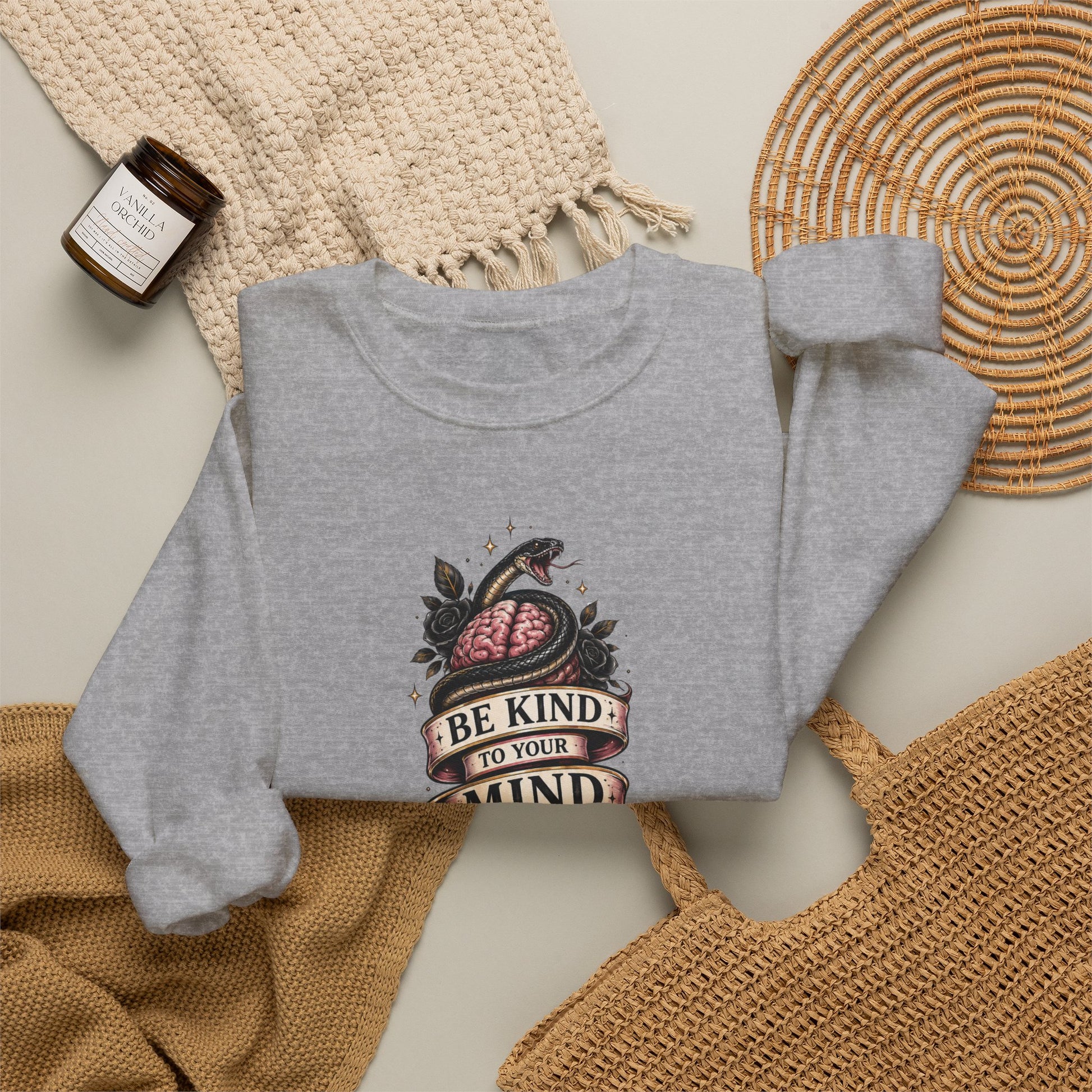 "Be Kind to Your Mind" Floral Tattoo Mental Health Design Crewneck Sweatshirt