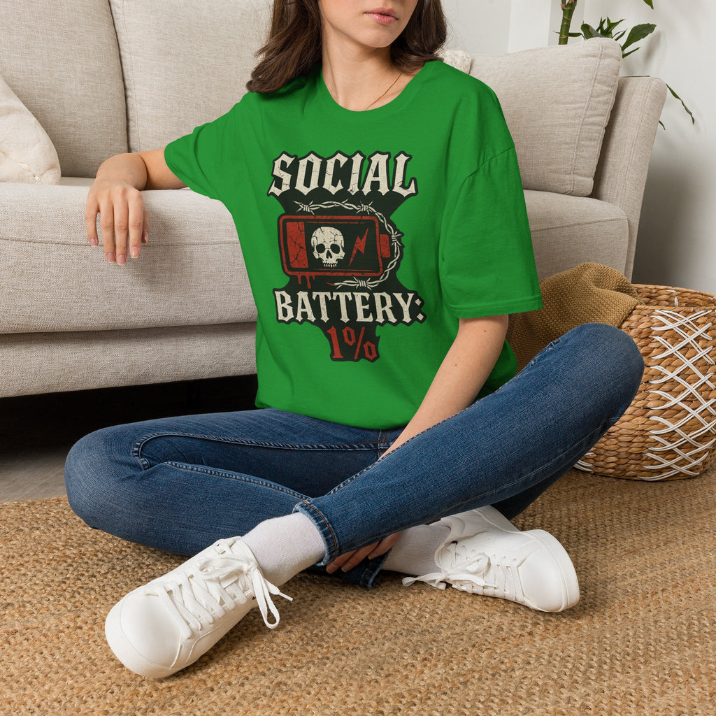 Social Battery Unisex T‑Shirt — Skull Low Battery Graphic Tee
